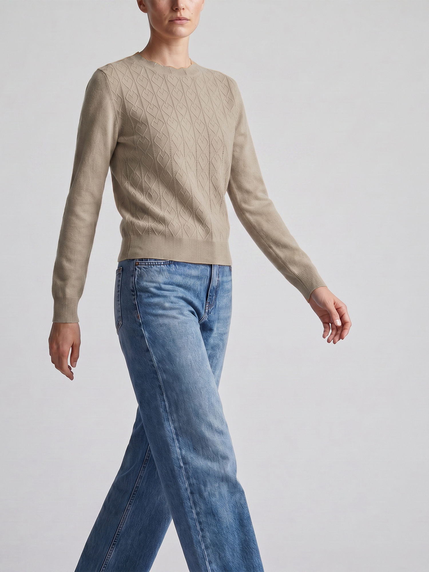 Argyle Knit Wavy Crew Neck Long Sleeve Sweater Camel/XL