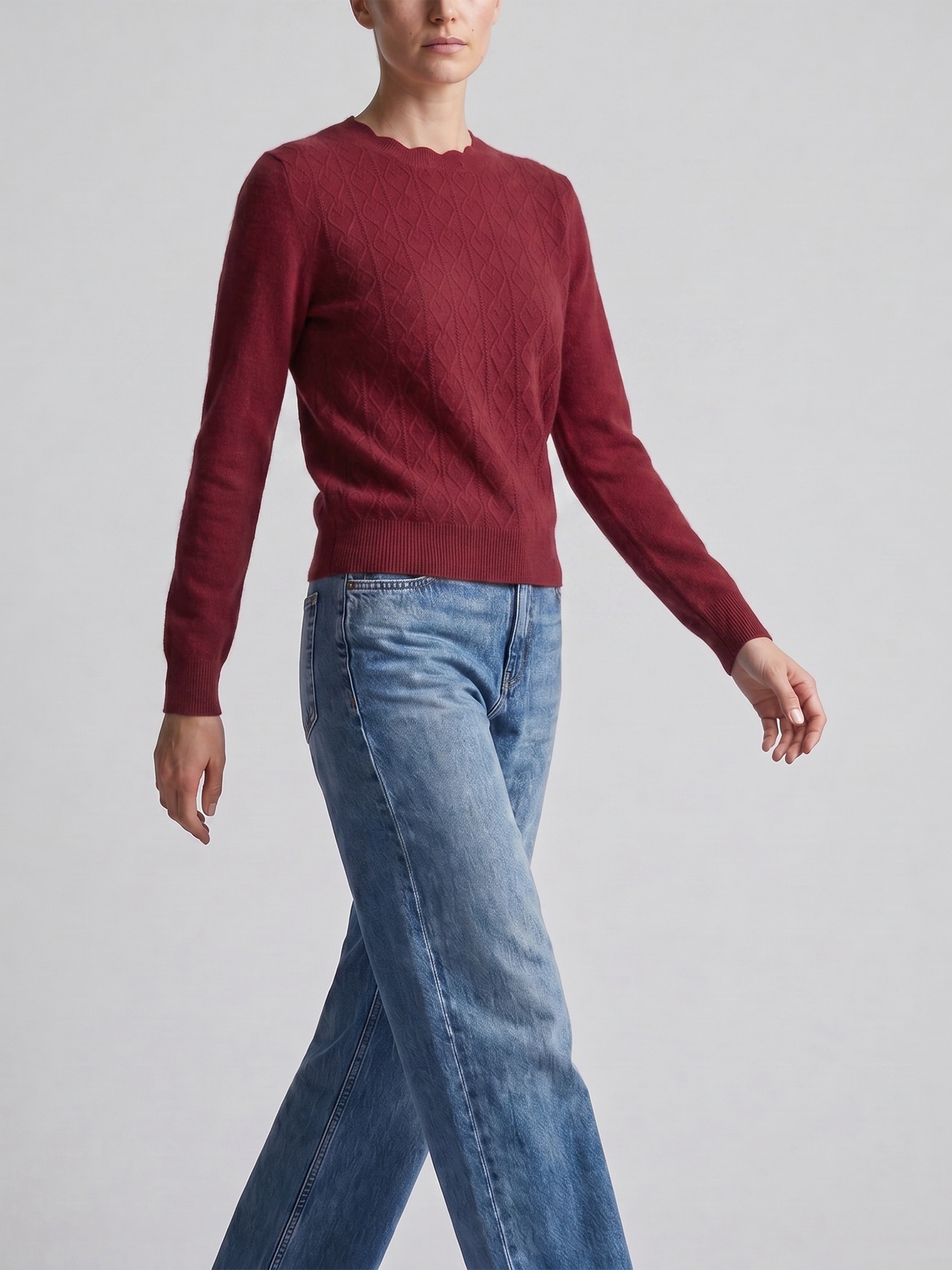 Argyle Knit Wavy Crew Neck Long Sleeve Sweater Angora Red/L