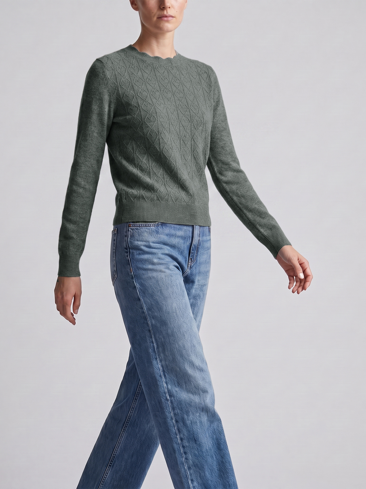 Argyle Knit Wavy Crew Neck Long Sleeve Sweater Elephant Grey/S