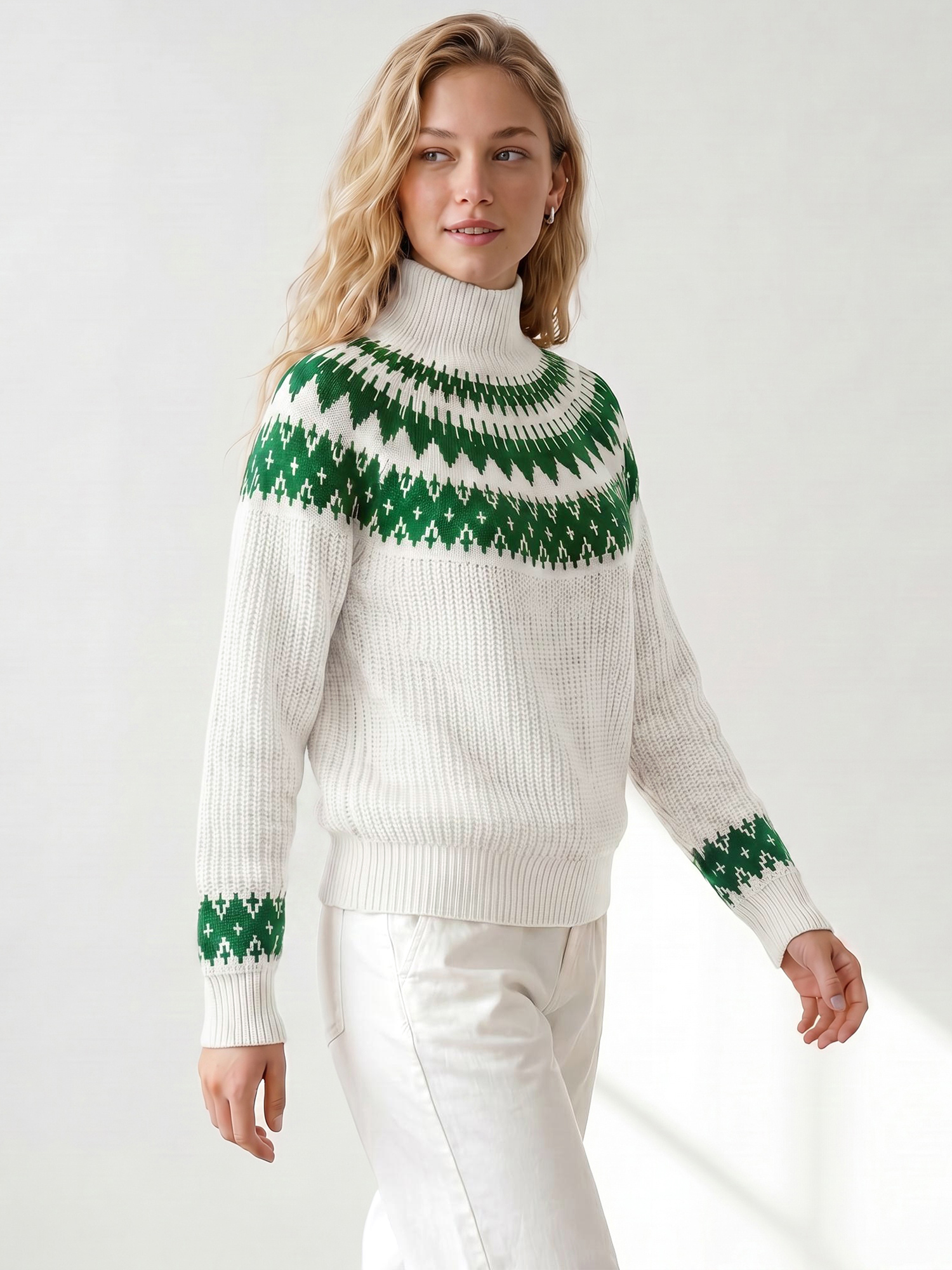 Casual Vintage Mock Neck Long Sleeves Fair Isle Sweater Beige/M