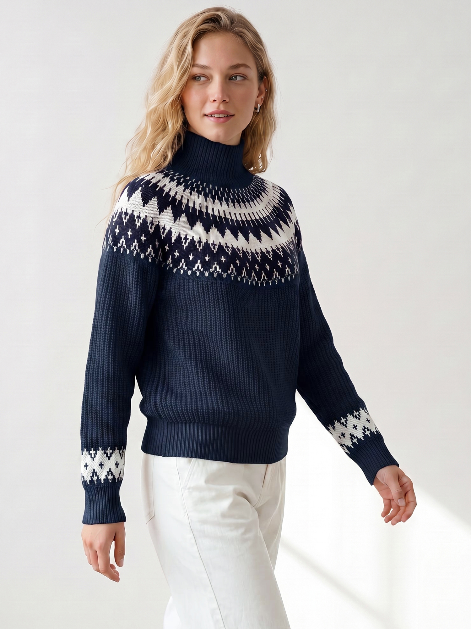 Casual Vintage Mock Neck Long Sleeves Fair Isle Sweater Royal Blue/S