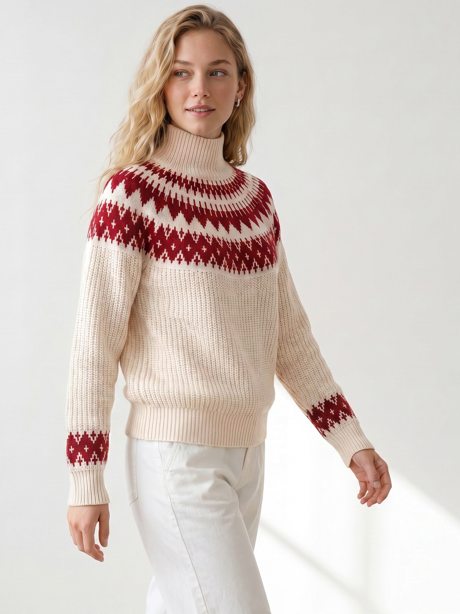Casual Vintage Mock Neck Long Sleeves Fair Isle Sweater Red/L