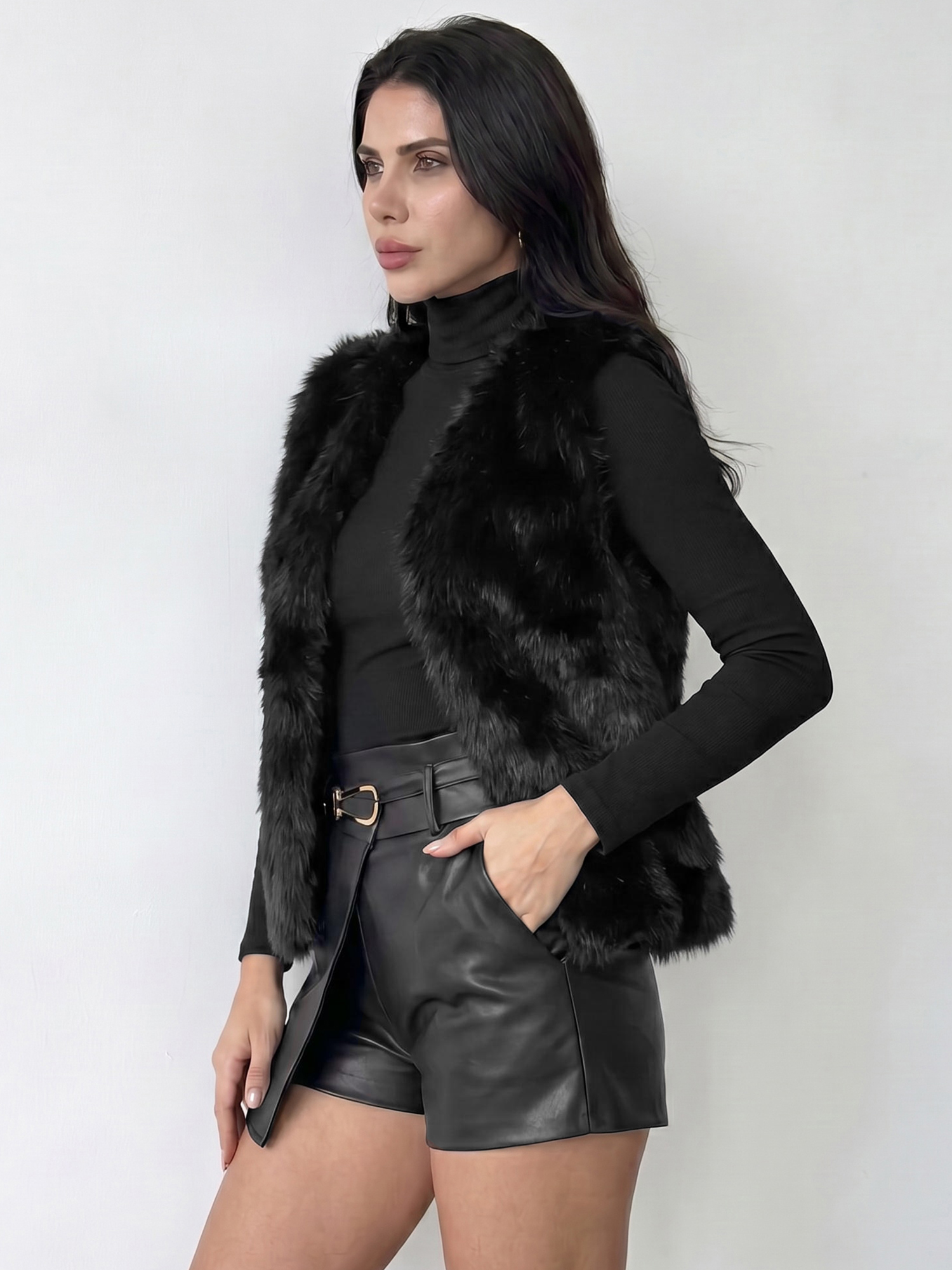 Fuzzy Sleeveless Open Front Faux Fur Vest Black/M