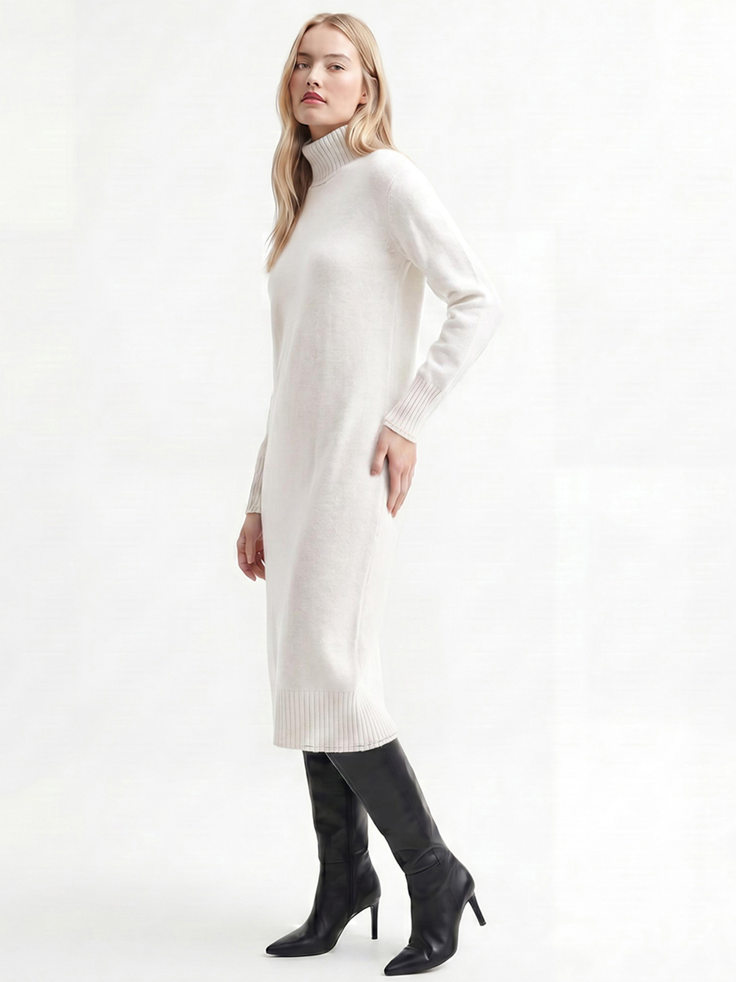 Turtle Neck Long Sleeve Ribbed Knit Pullover Sweater Dress White/XL