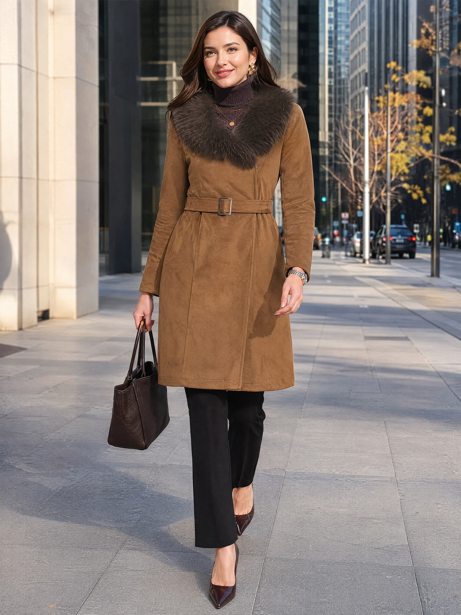 Faux Fur Lapel Faux Suede Single Breasted Belted Trench Coat Brown/S