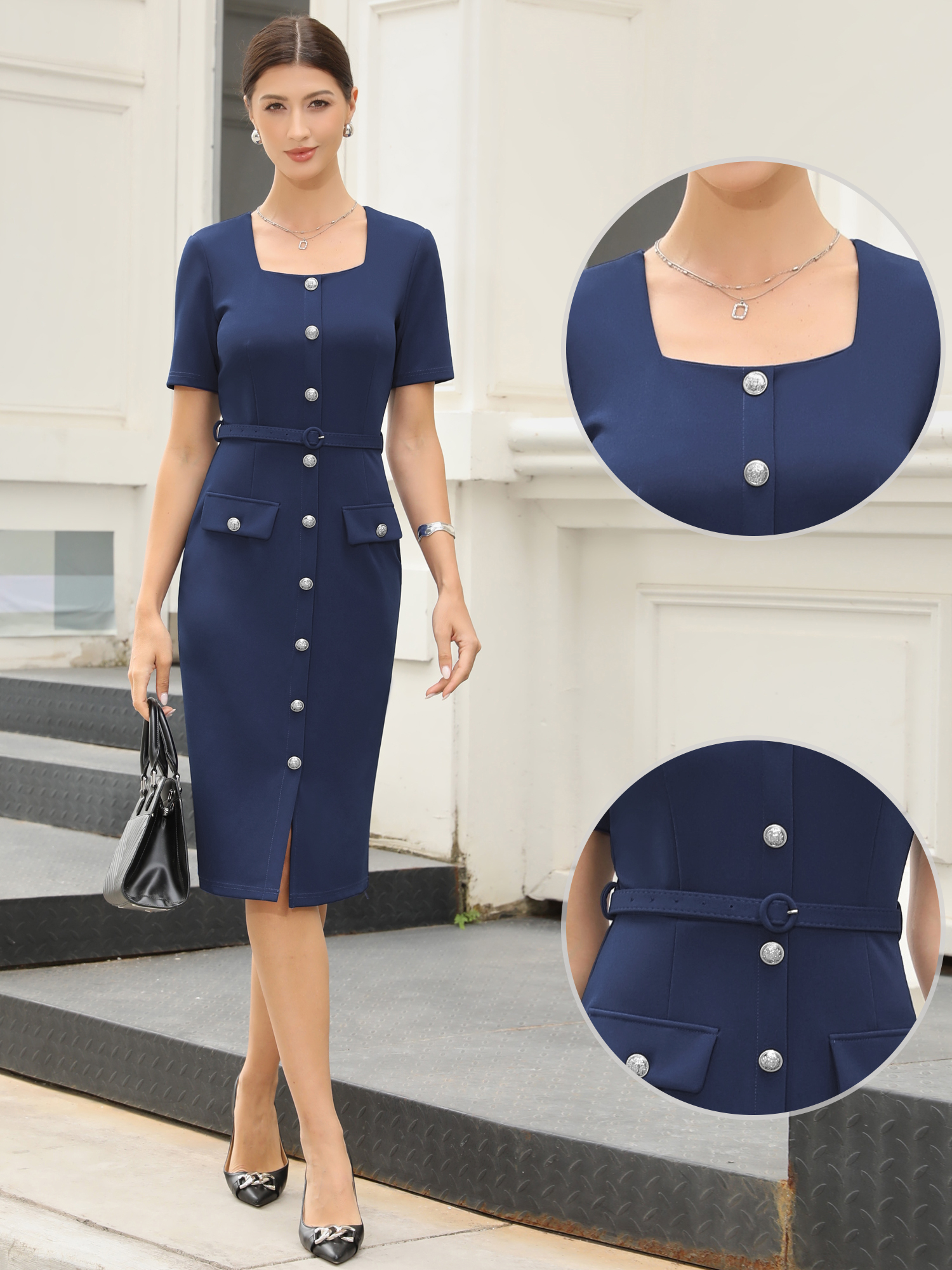 Work Square Neck Button Down Short Sleeve Sheath Dress with Belt Navy Blue/M