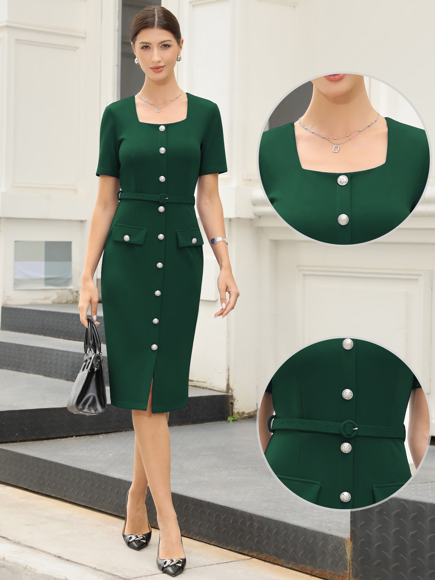 Work Square Neck Button Down Short Sleeve Sheath Dress with Belt Dark Green/S