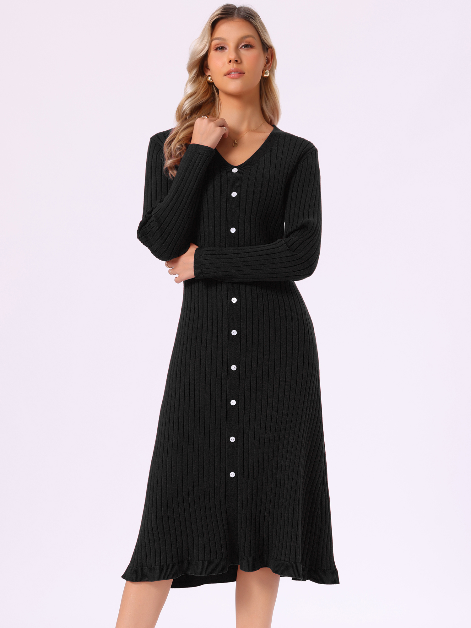 V Neck Long Sleeve A-Line Midi Ribbed Knit Sweater Dress Black/L