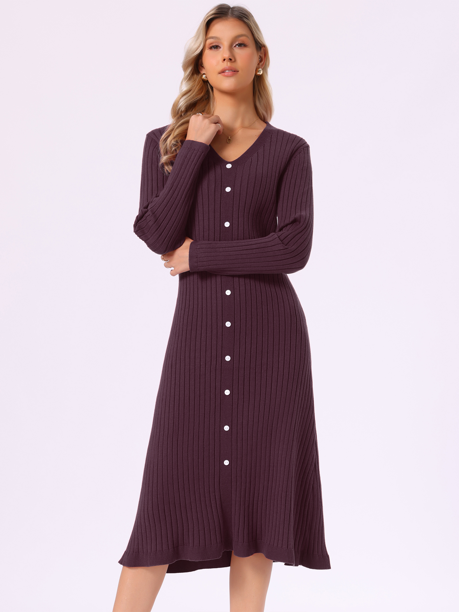 V Neck Long Sleeve A-Line Midi Ribbed Knit Sweater Dress Dark Purple/S