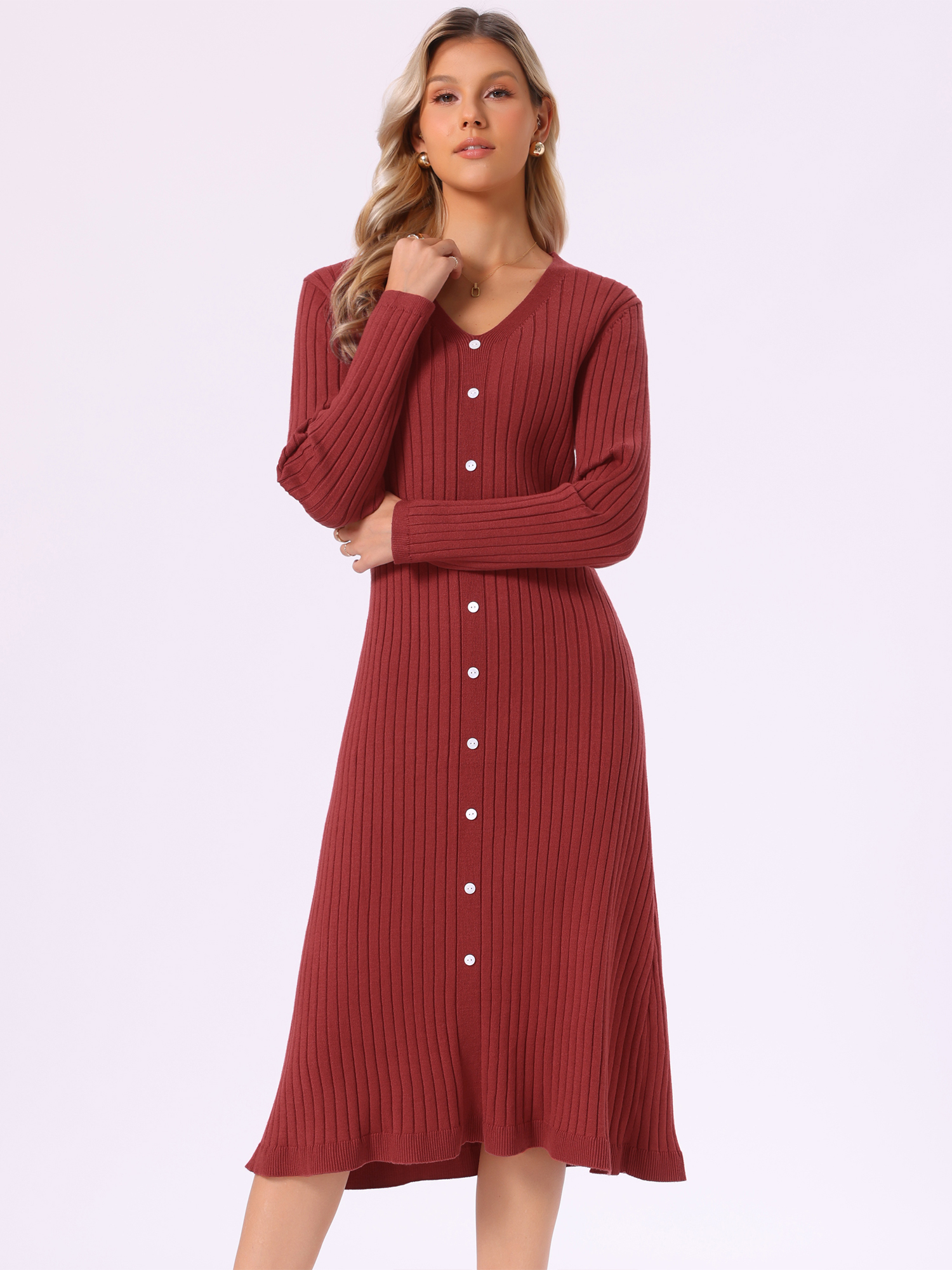 V Neck Long Sleeve A-Line Midi Ribbed Knit Sweater Dress Red/L
