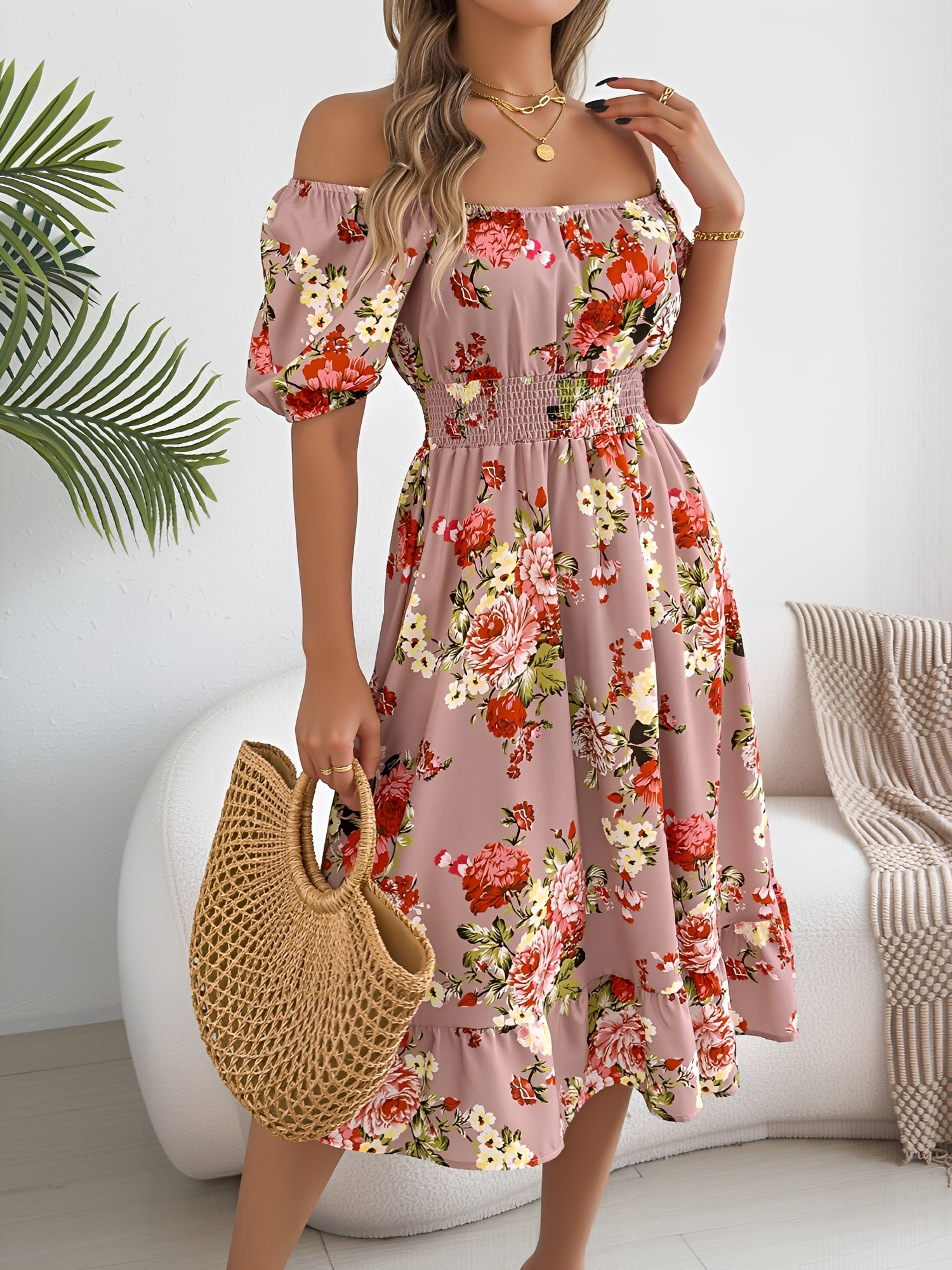 Floral Off-the-Shoulder Puff Sleeve Ruffled A-Line Dress Pink/XS