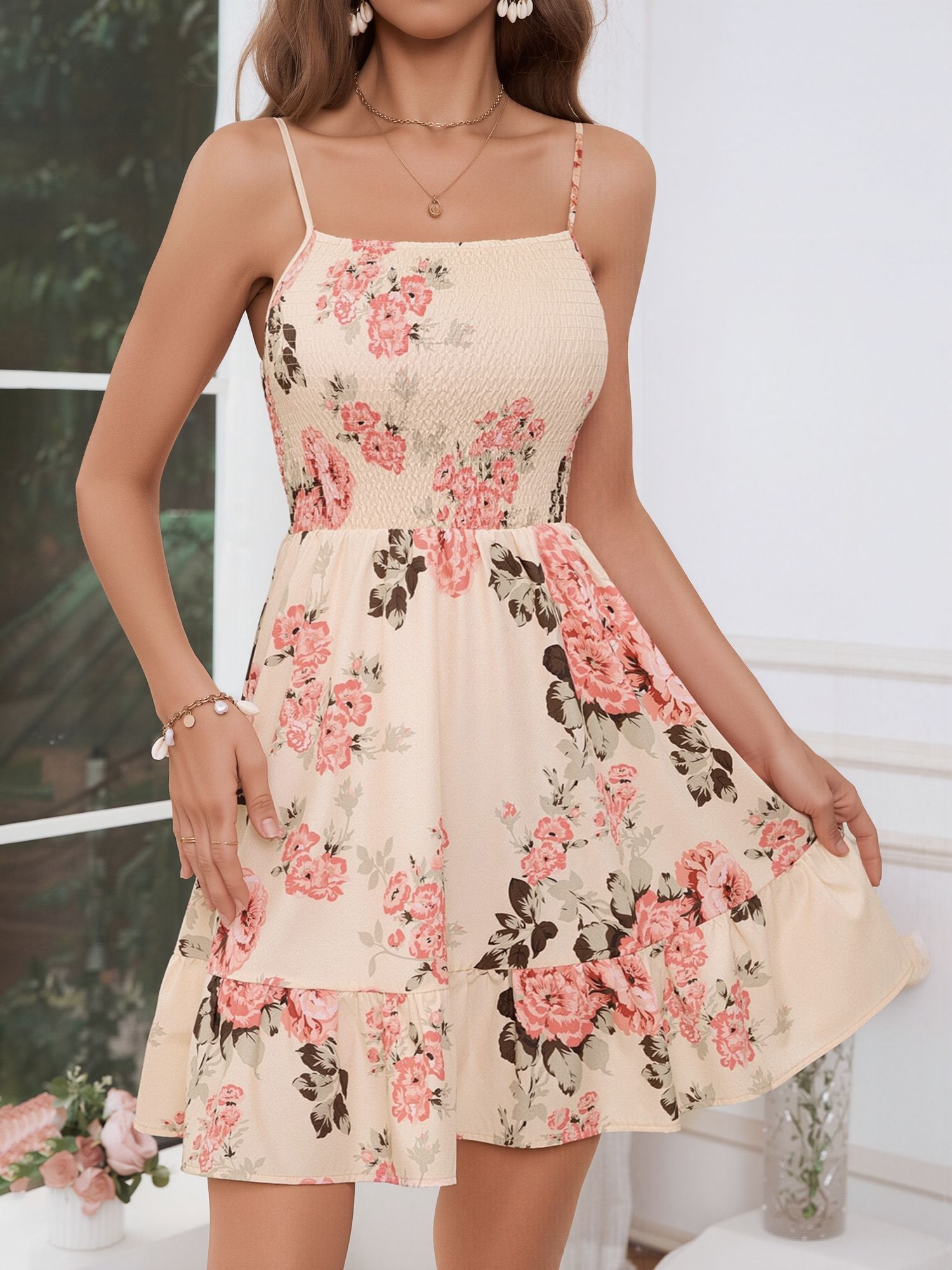 Floral Spaghetti Strap Smocked A-Line Mini Dress Apricot/S