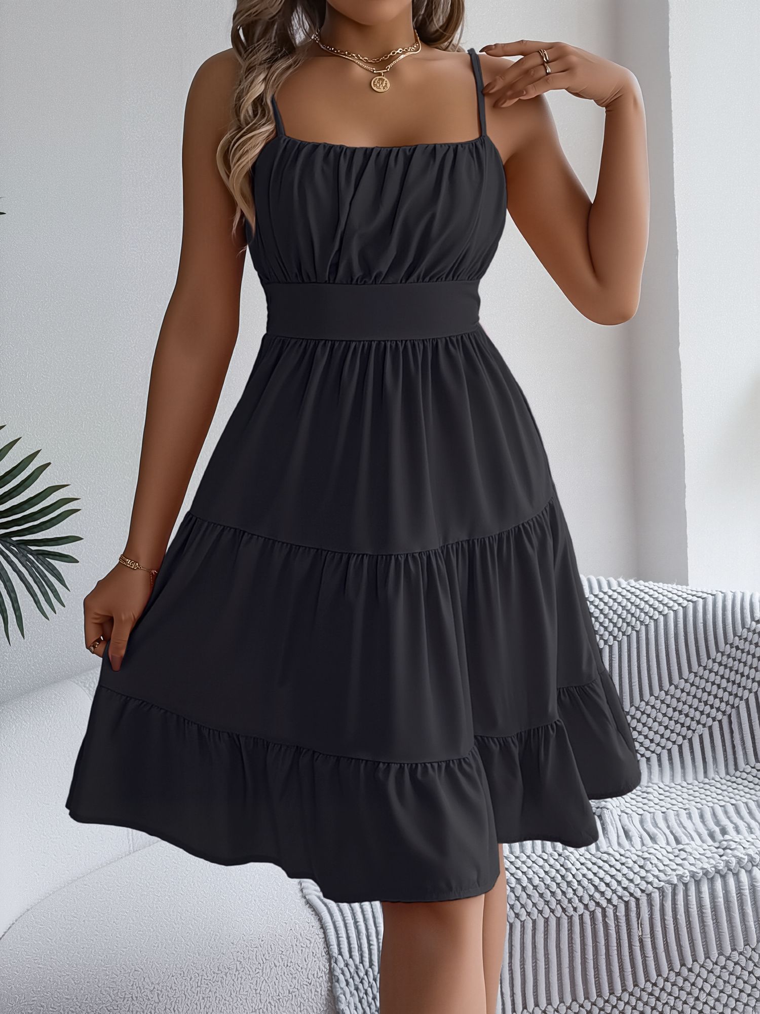 Spaghetti Strap Sleeveless Tiered A-Line Dress Black/XS