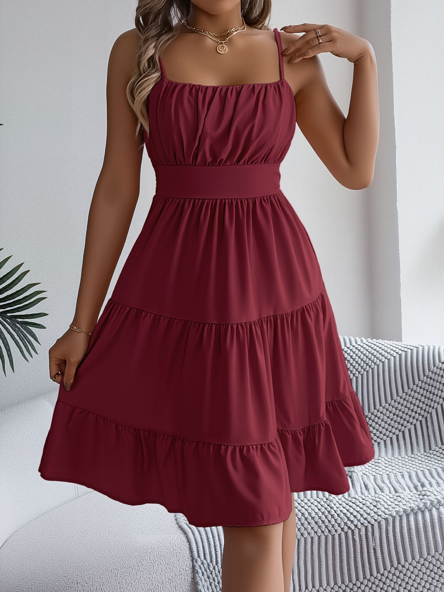Spaghetti Strap Sleeveless Tiered A-Line Dress Burgundy/L