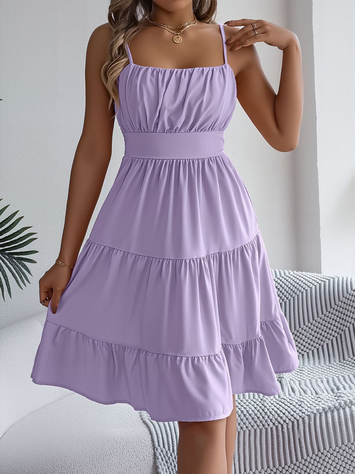 Spaghetti Strap Sleeveless Tiered A-Line Dress Light Purple/XS
