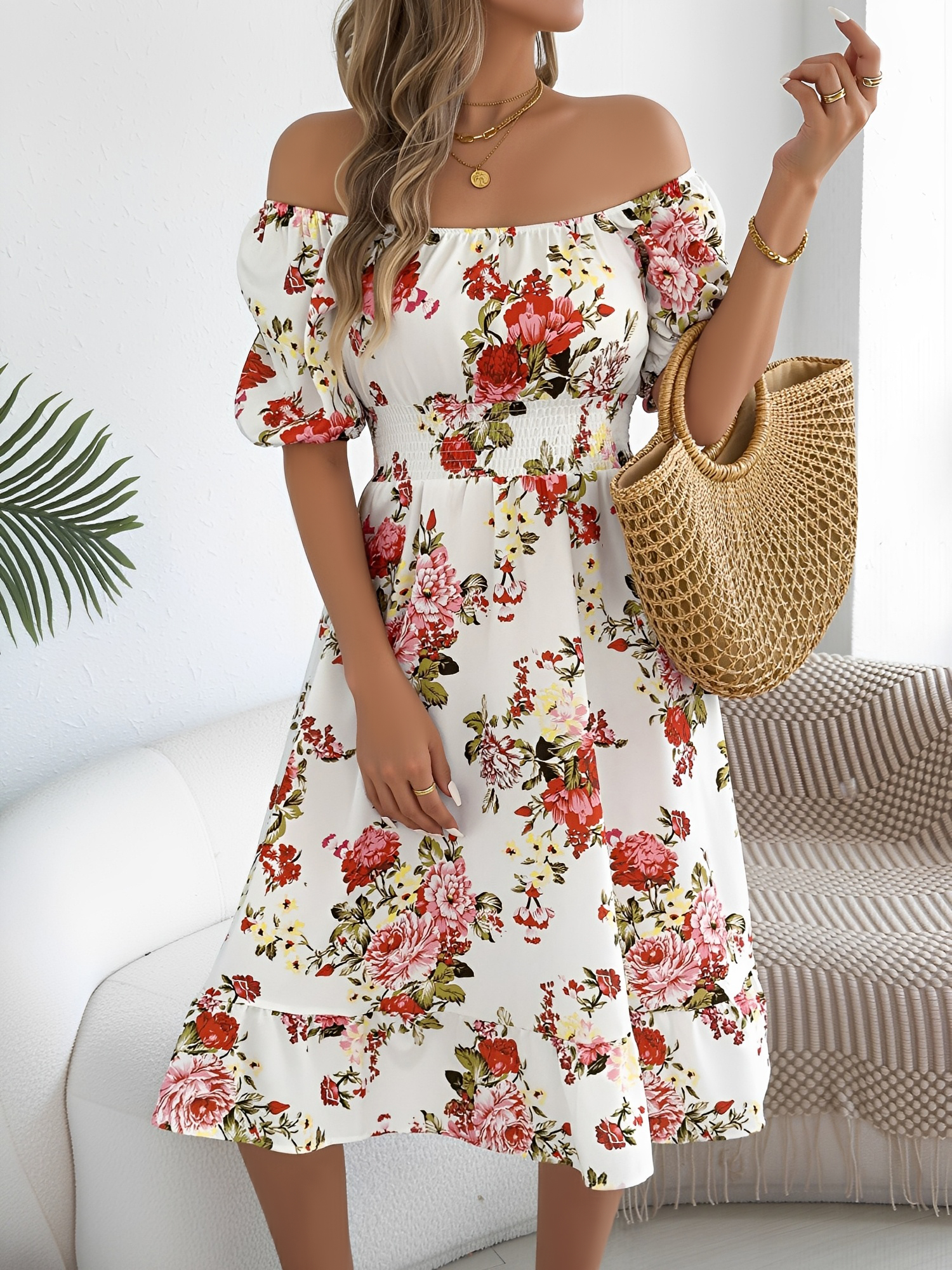 Floral Off-the-Shoulder Puff Sleeve Ruffled A-Line Dress White/M