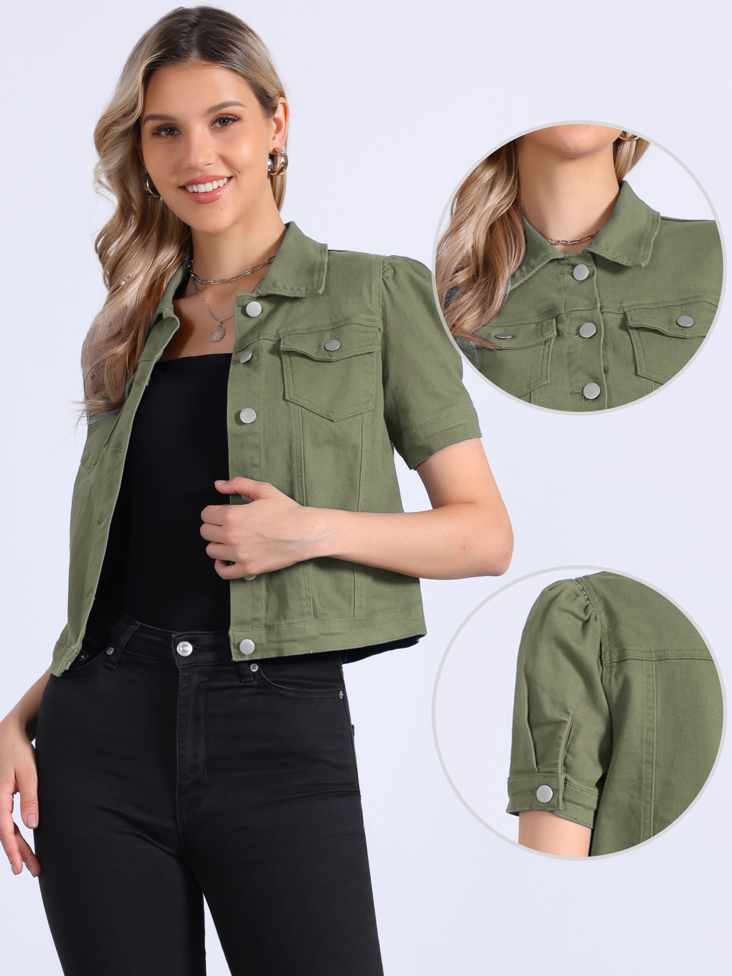 Casual Short Puff Sleeves Button-Down Jean Denim Jacket Army Green/M