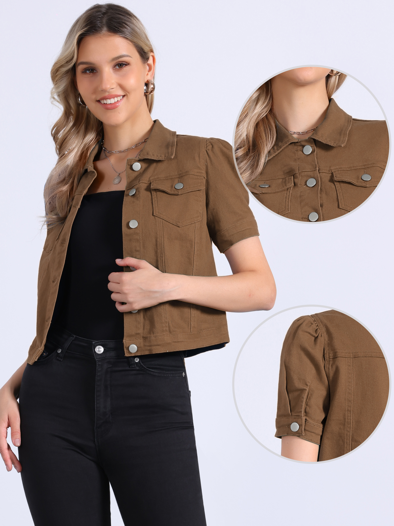 Casual Short Puff Sleeves Button-Down Jean Denim Jacket Brown/M