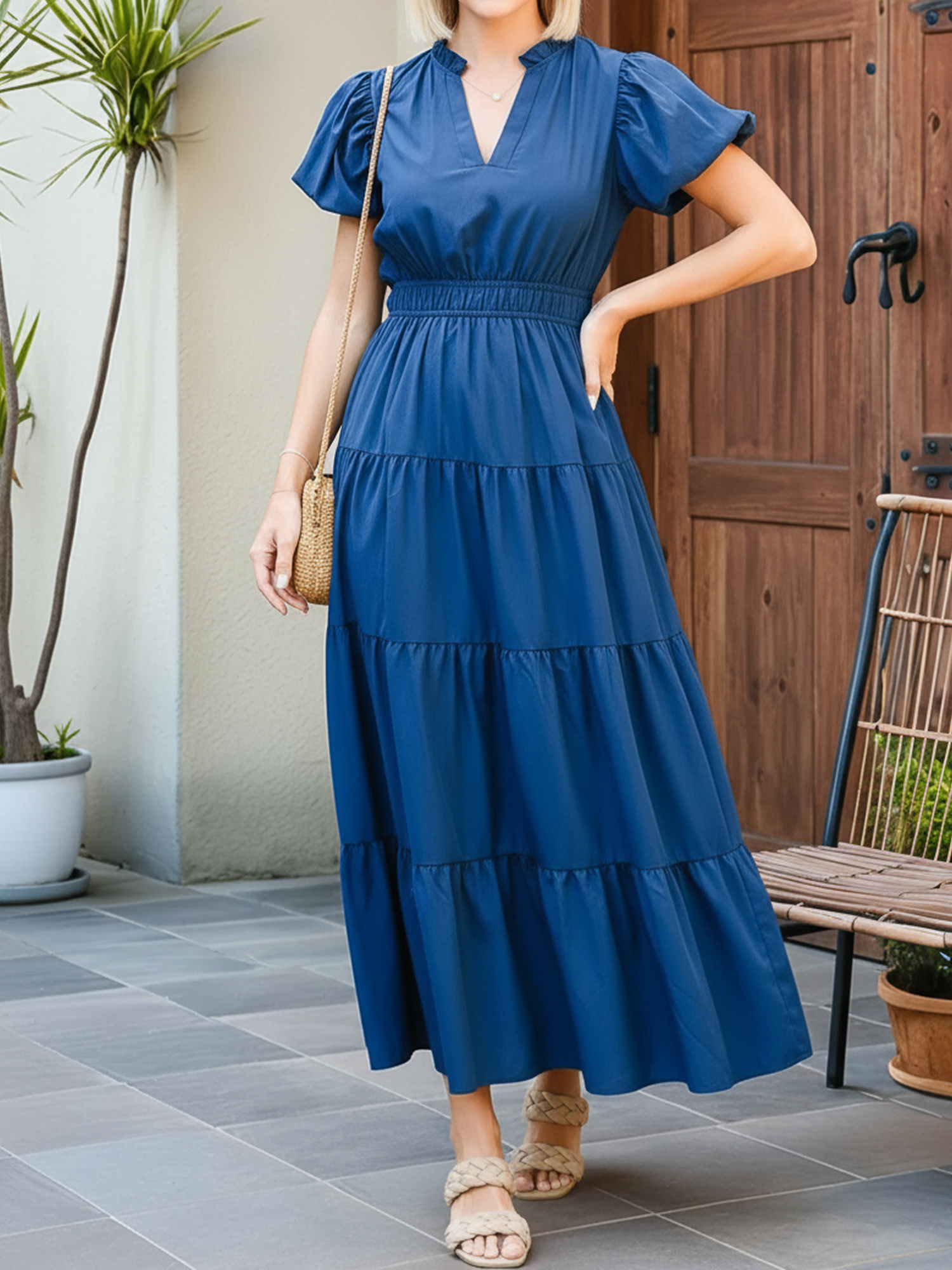 Notch Neck Puff Sleeve Tiered Maxi Dress Navy Blue/M