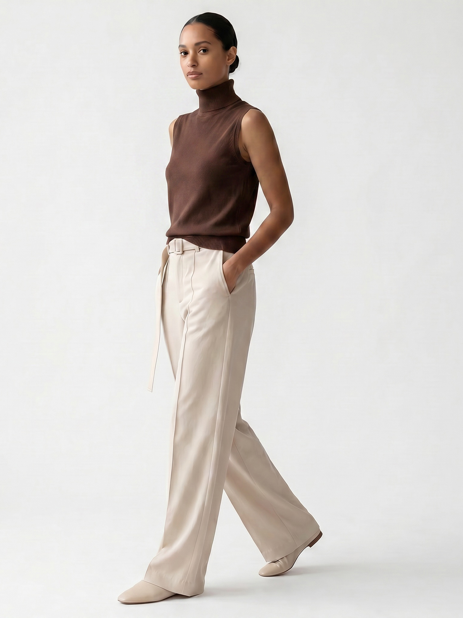 Turtleneck Sleeveless Soft Ribbed Pullover Knit Sweater Vest Brown/M