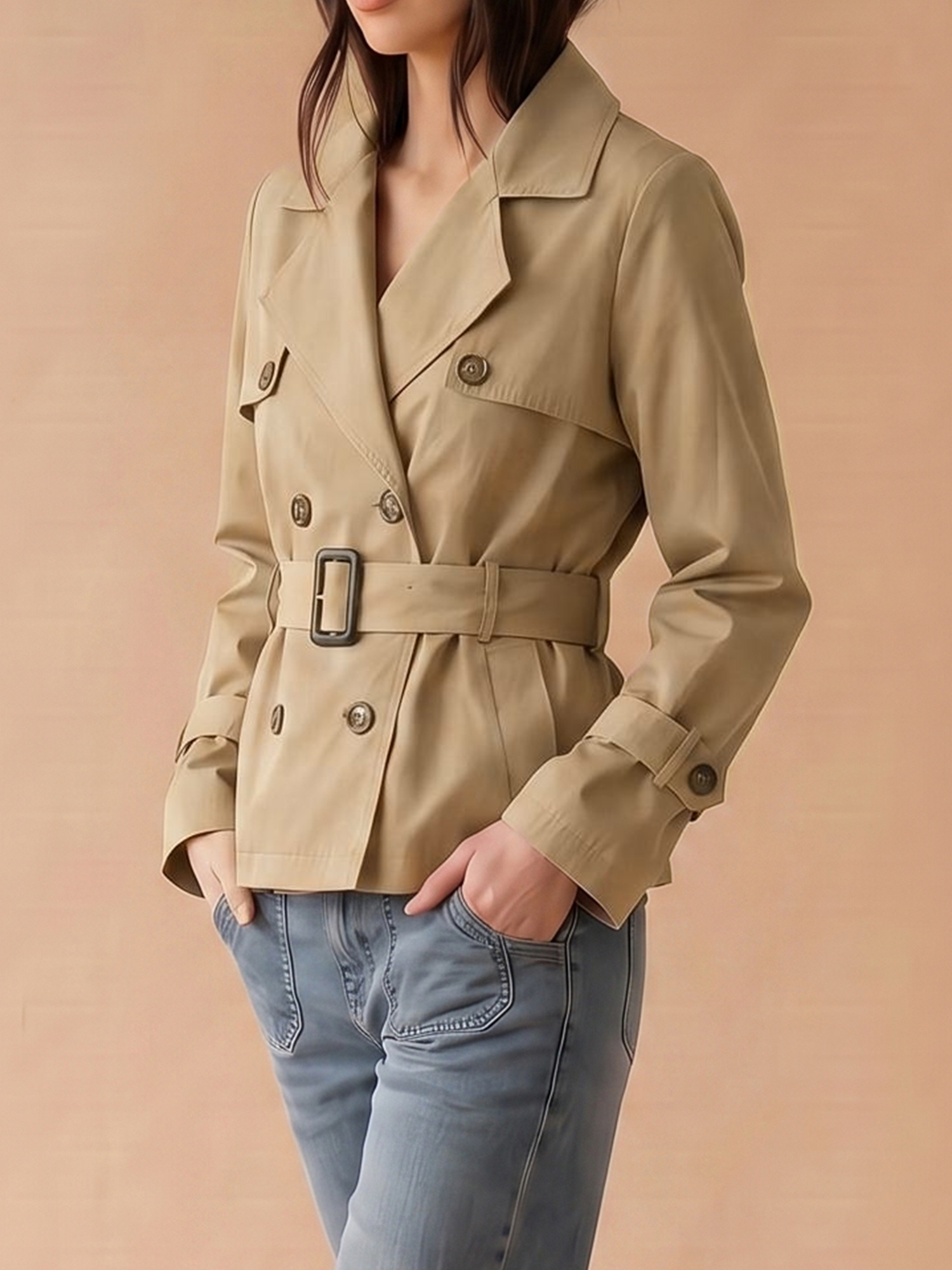 Double Breasted Classic Notched Lapel Belted Trench Jacket Khaki/M