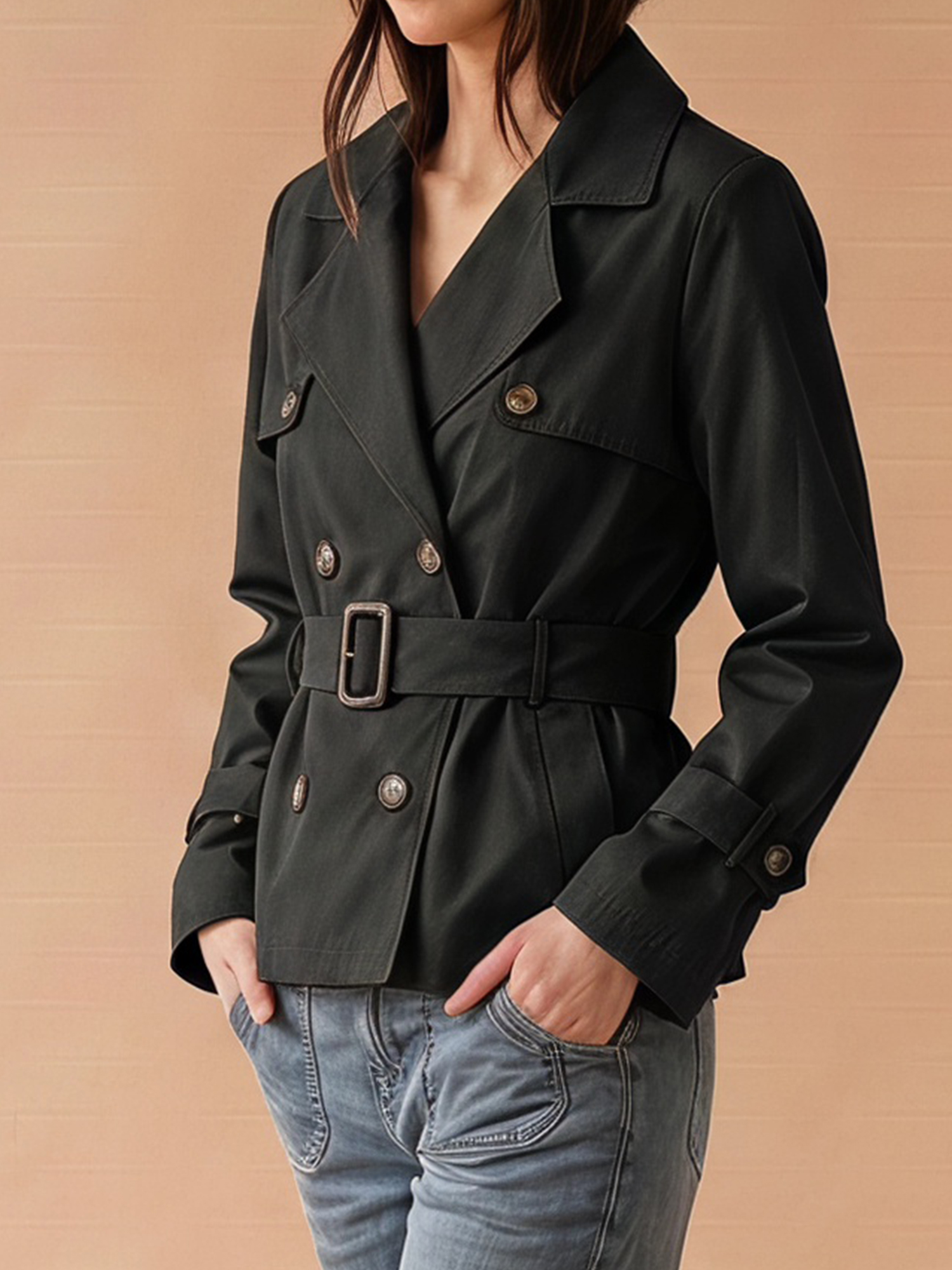 Double Breasted Classic Notched Lapel Belted Trench Jacket Black/XL