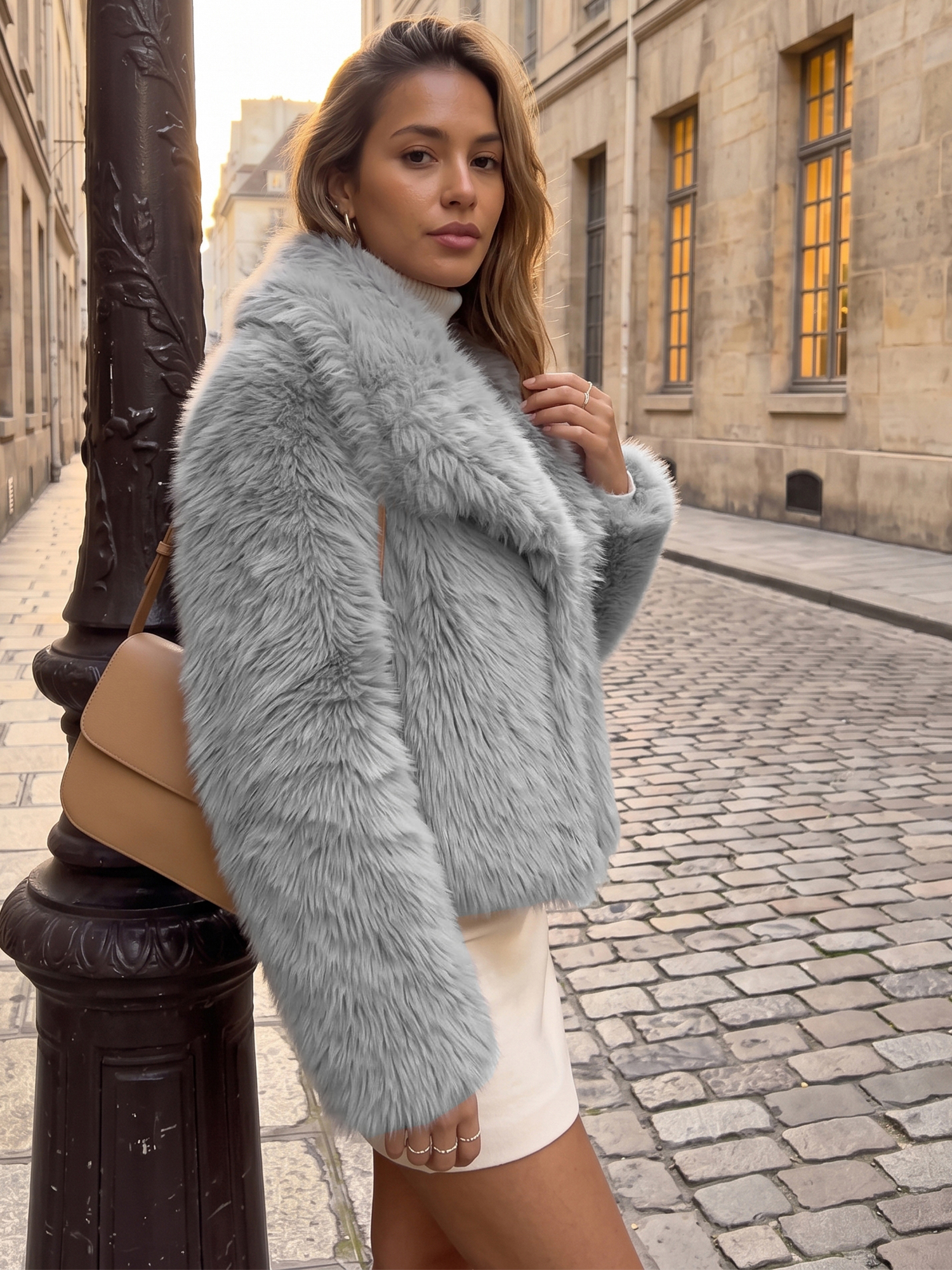 Faux Fur Fuzzy Long Sleeves Lapel Collar Pockets Winter Coats Light Gray/S