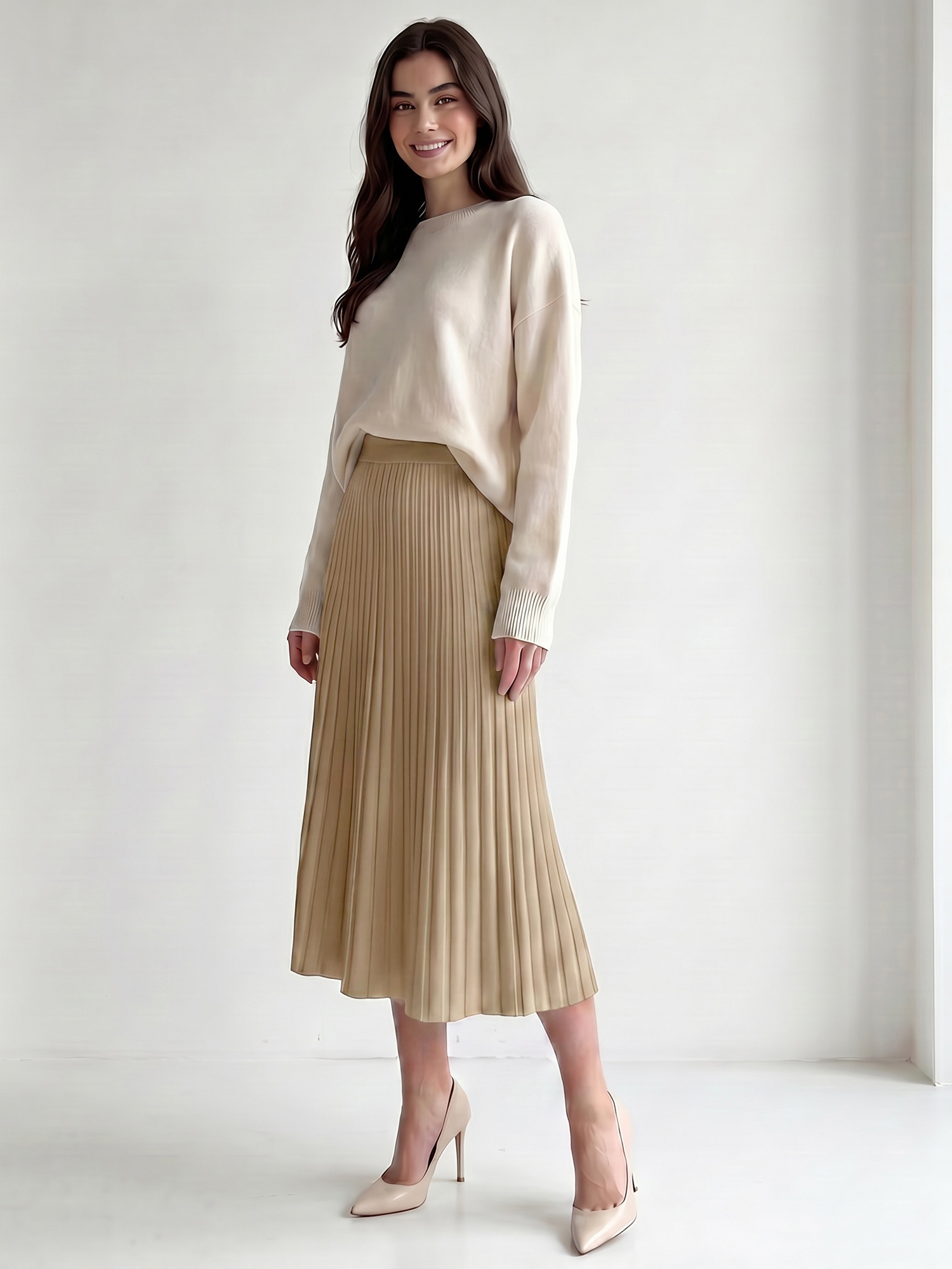 Pleated Ribbed Knit Elastic Waist A-Line Sweater Skirts Khaki/M