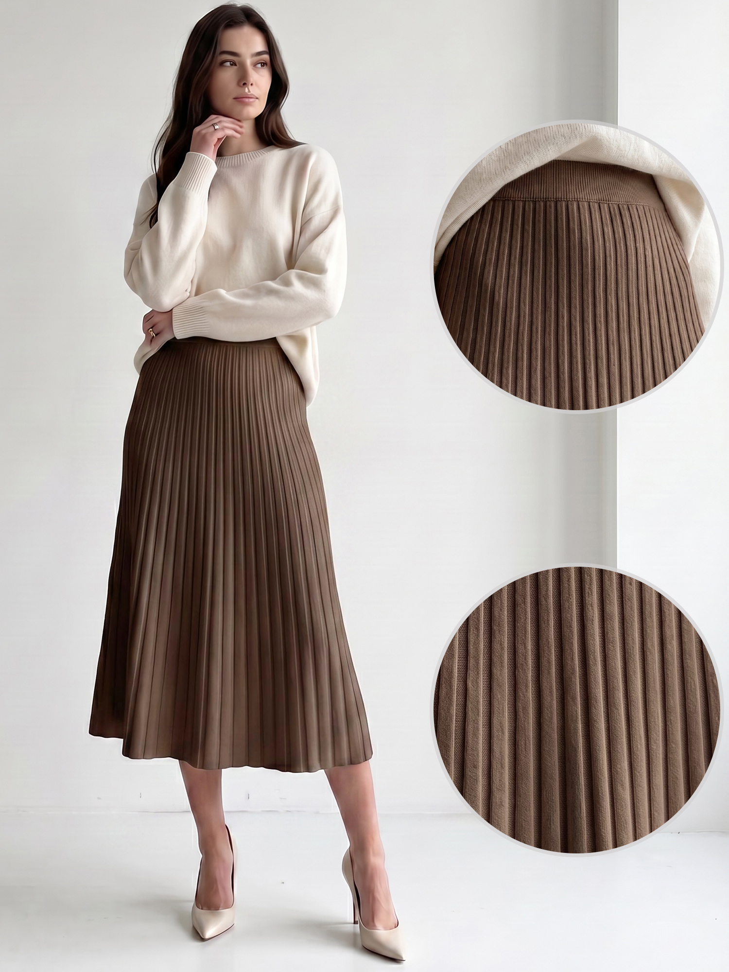 Pleated Ribbed Knit Elastic Waist A-Line Sweater Skirts Pleated Ribbed Knit Elastic Waist A-Line Sweater Skirts