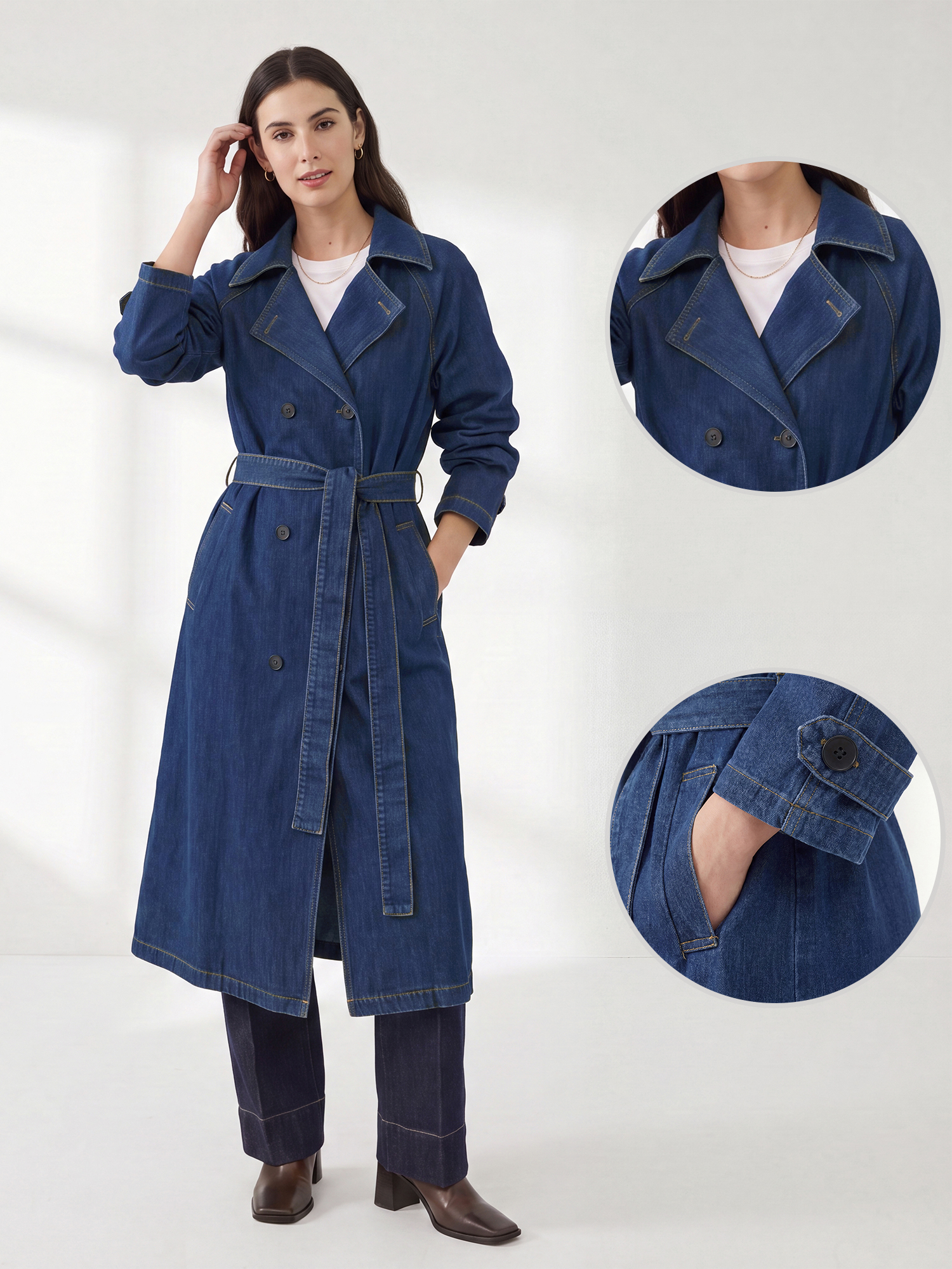 Cotton Double Breasted Belted Pockets Denim Trench Jacket Blue/XL