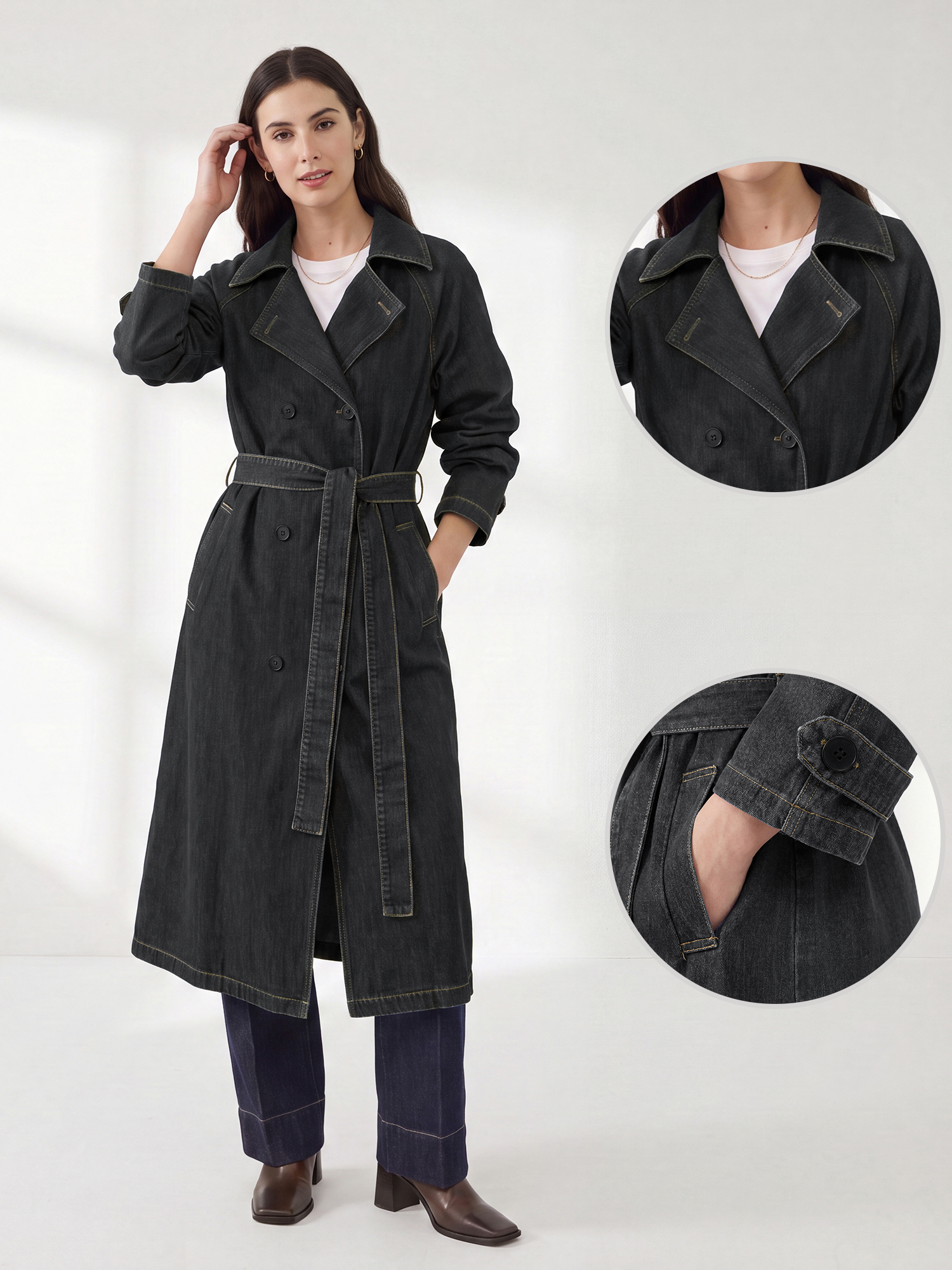 Cotton Double Breasted Belted Pockets Denim Trench Jacket Black/L