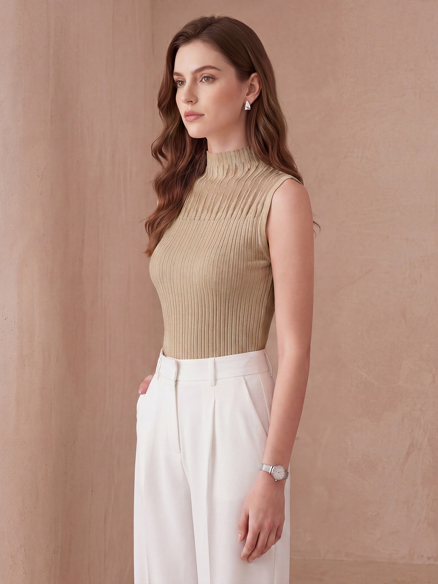 Sheer Mesh Sleeveless Mock Neck Ribbed Knit Top Khaki/L
