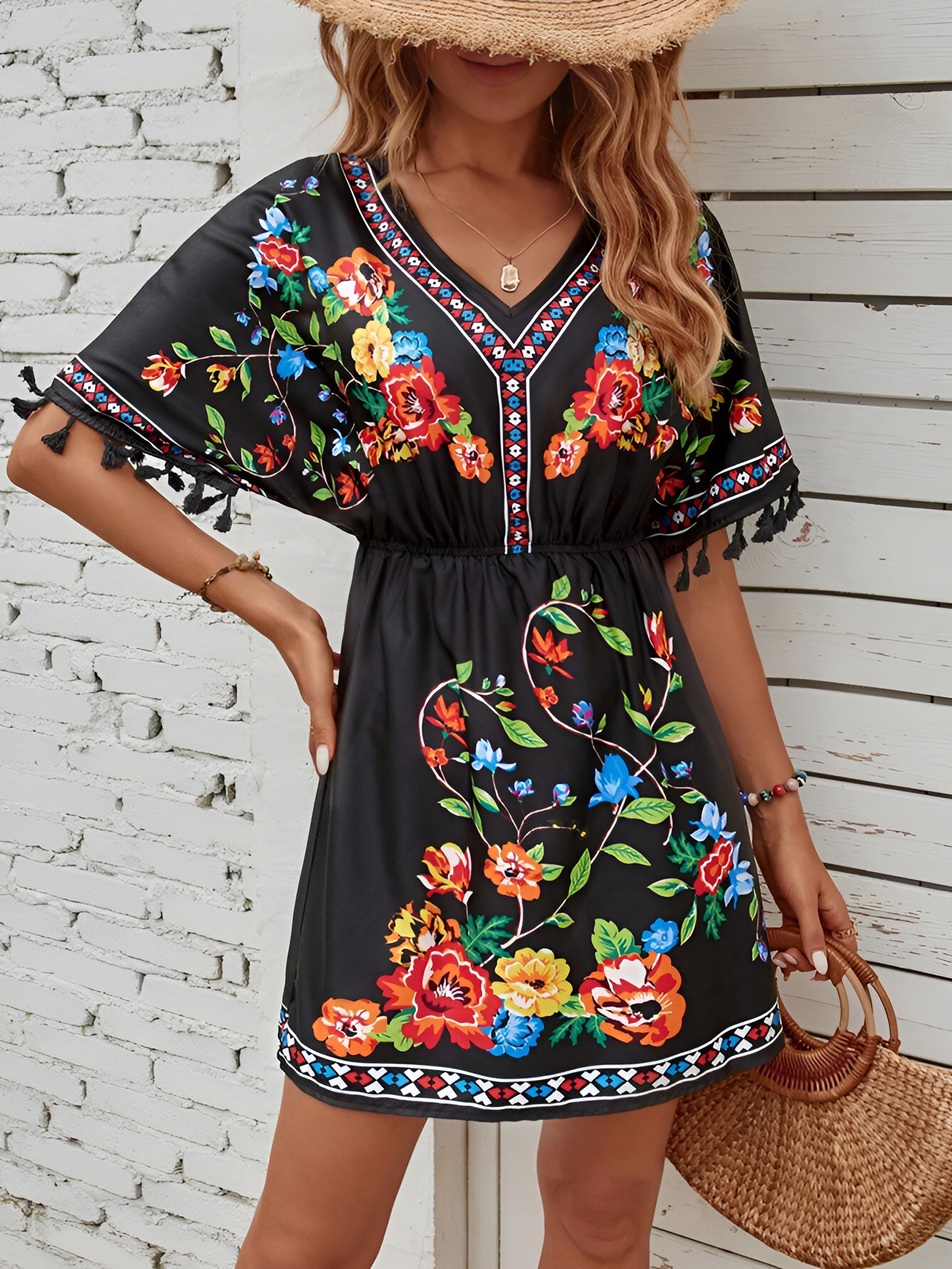 Floral V Neck Batwing Sleeves Tasseled Dress Black/S