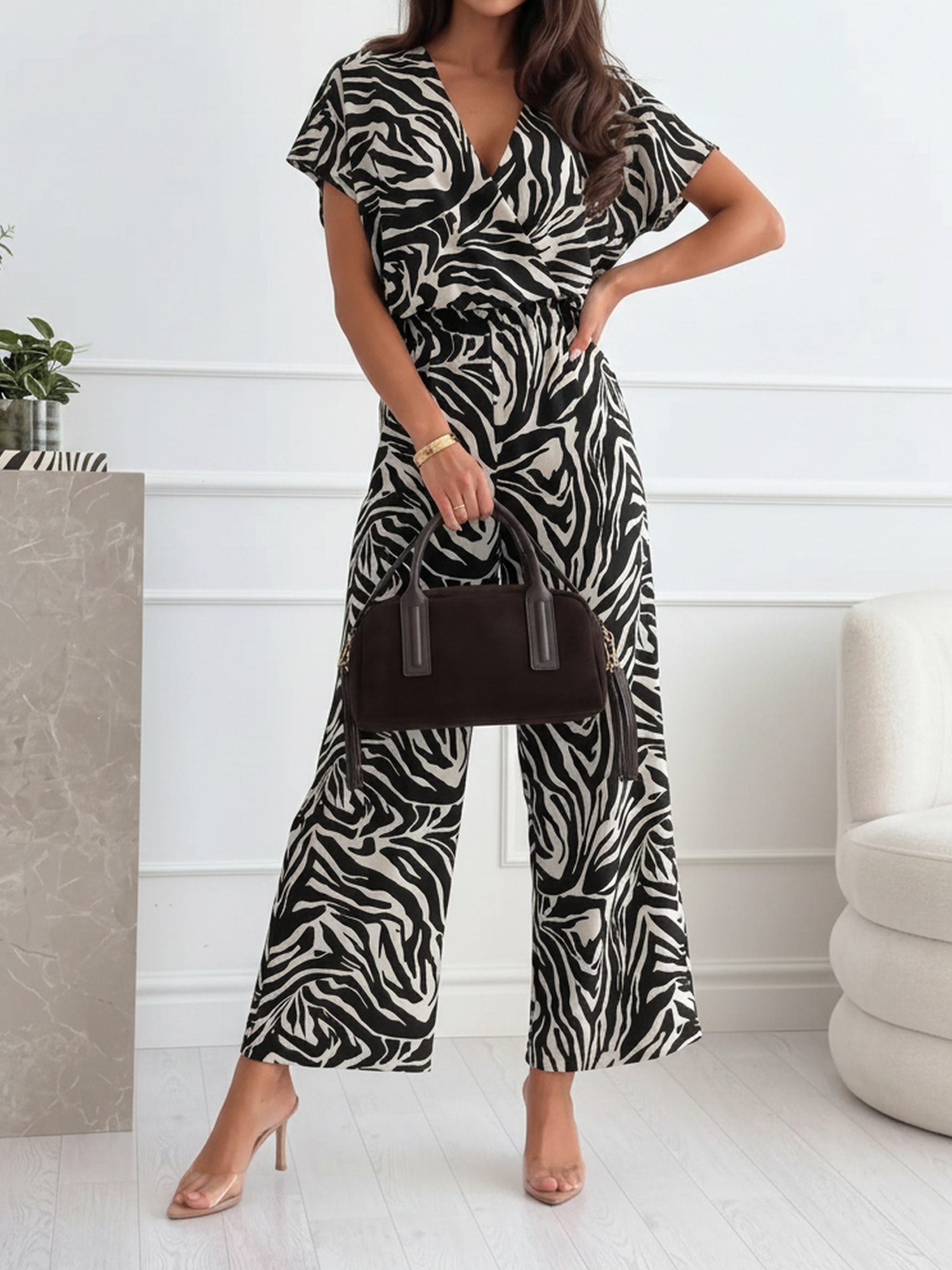 V Neck Leopard Print Pockets Straight Leg Jumpsuits Zebra/M
