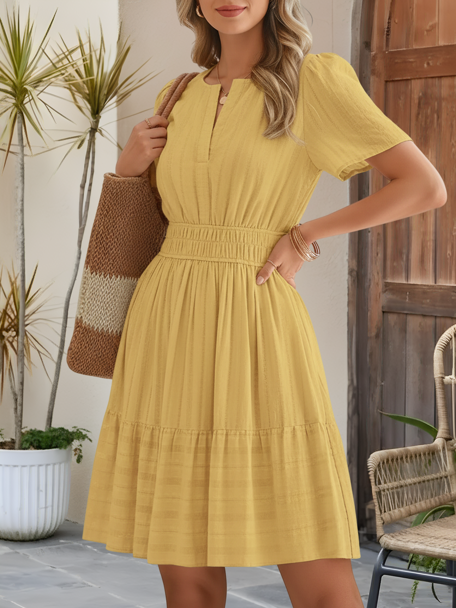 100% Cotton Notch Neck Puff Sleeve A-Line Tiered Dress Yellow/M