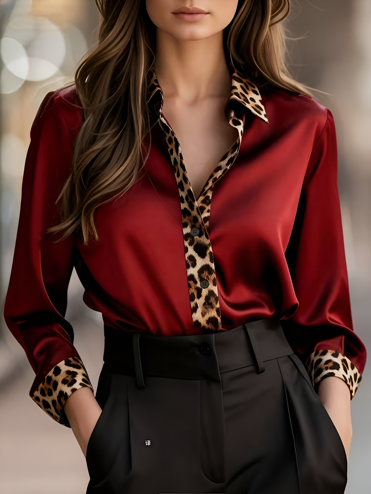 Satin Long Sleeve Leopard Print Patchwork Shirt Red/XS
