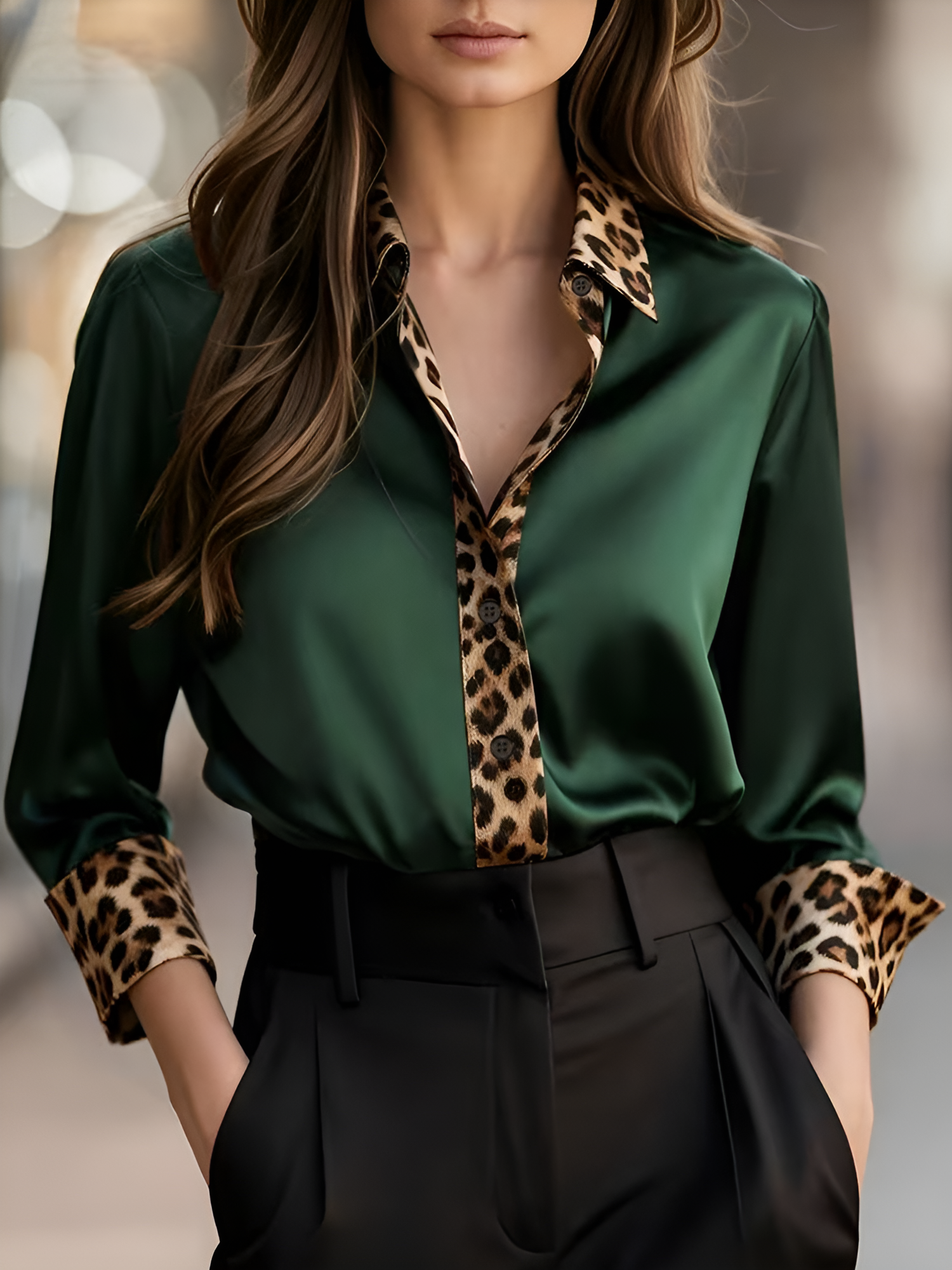 Satin Long Sleeve Leopard Print Patchwork Shirt Green/XL