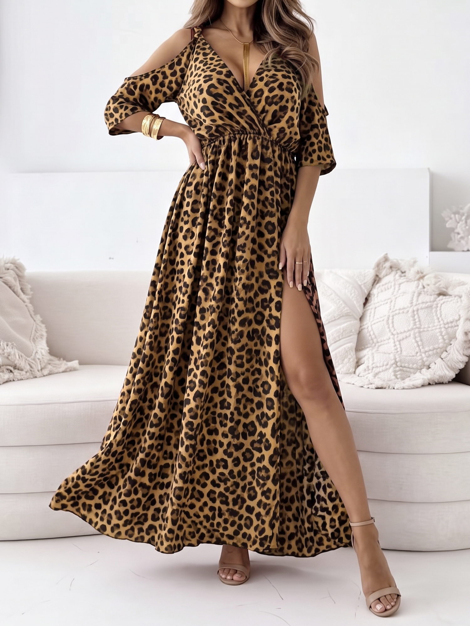 Leopard Print 3/4 Sleeves Cold Shoulder Slit Maxi Dress Leopard/XL