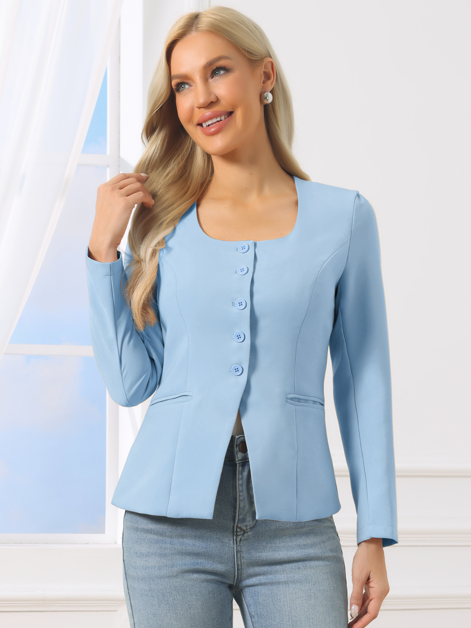 Button Down Scoop Neck Long Sleeve Jackets with Pockets Gray Blue/S