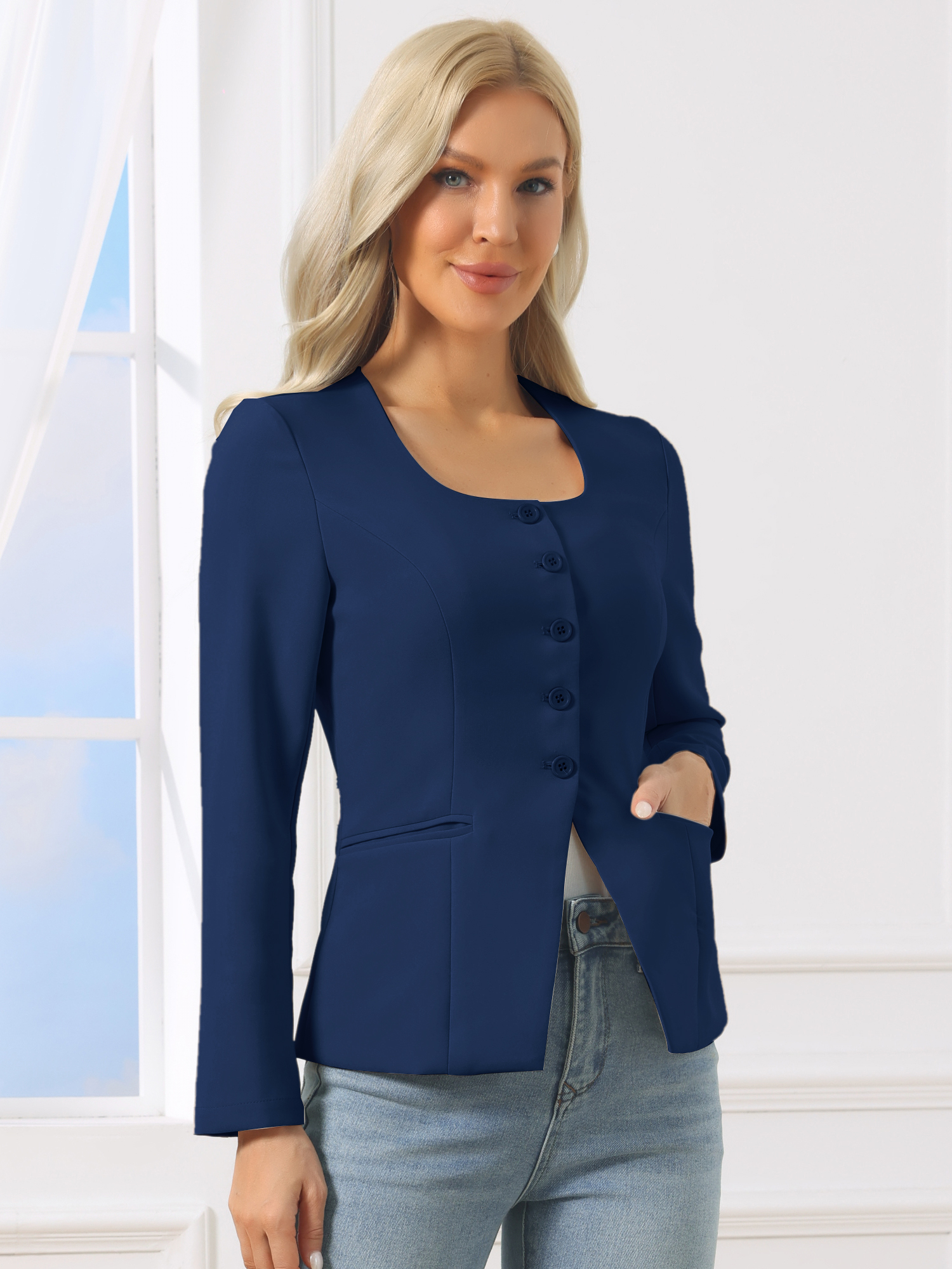 Button Down Scoop Neck Long Sleeve Jackets with Pockets Navy Blue/XL