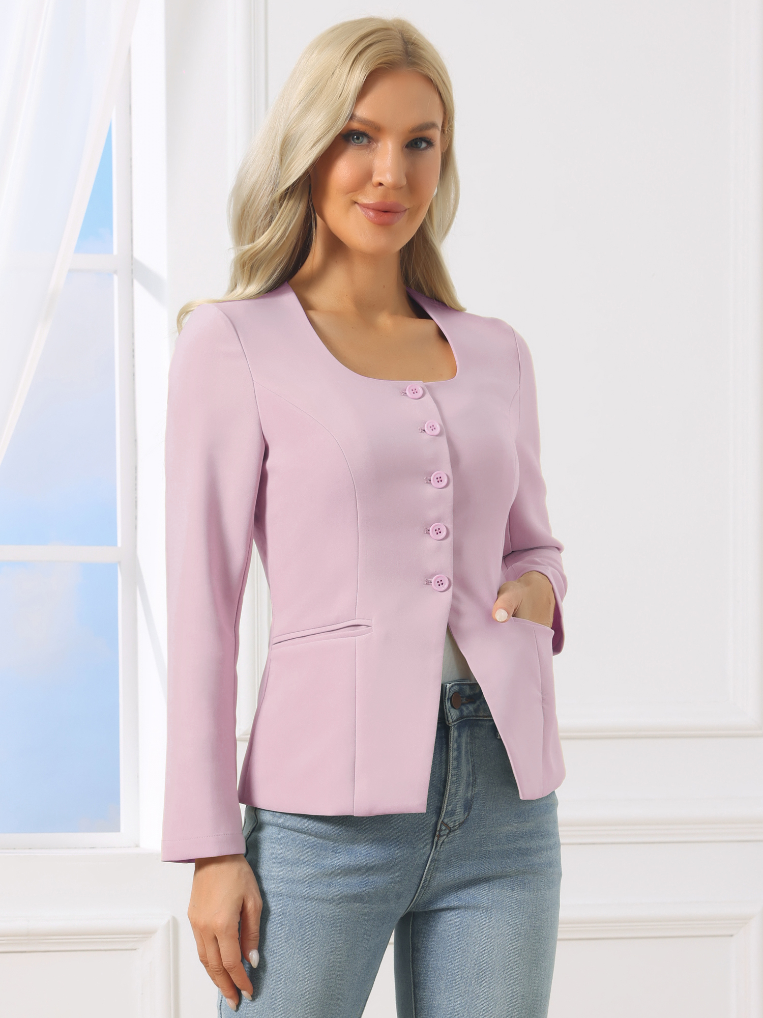 Button Down Scoop Neck Long Sleeve Jackets with Pockets Pink/M