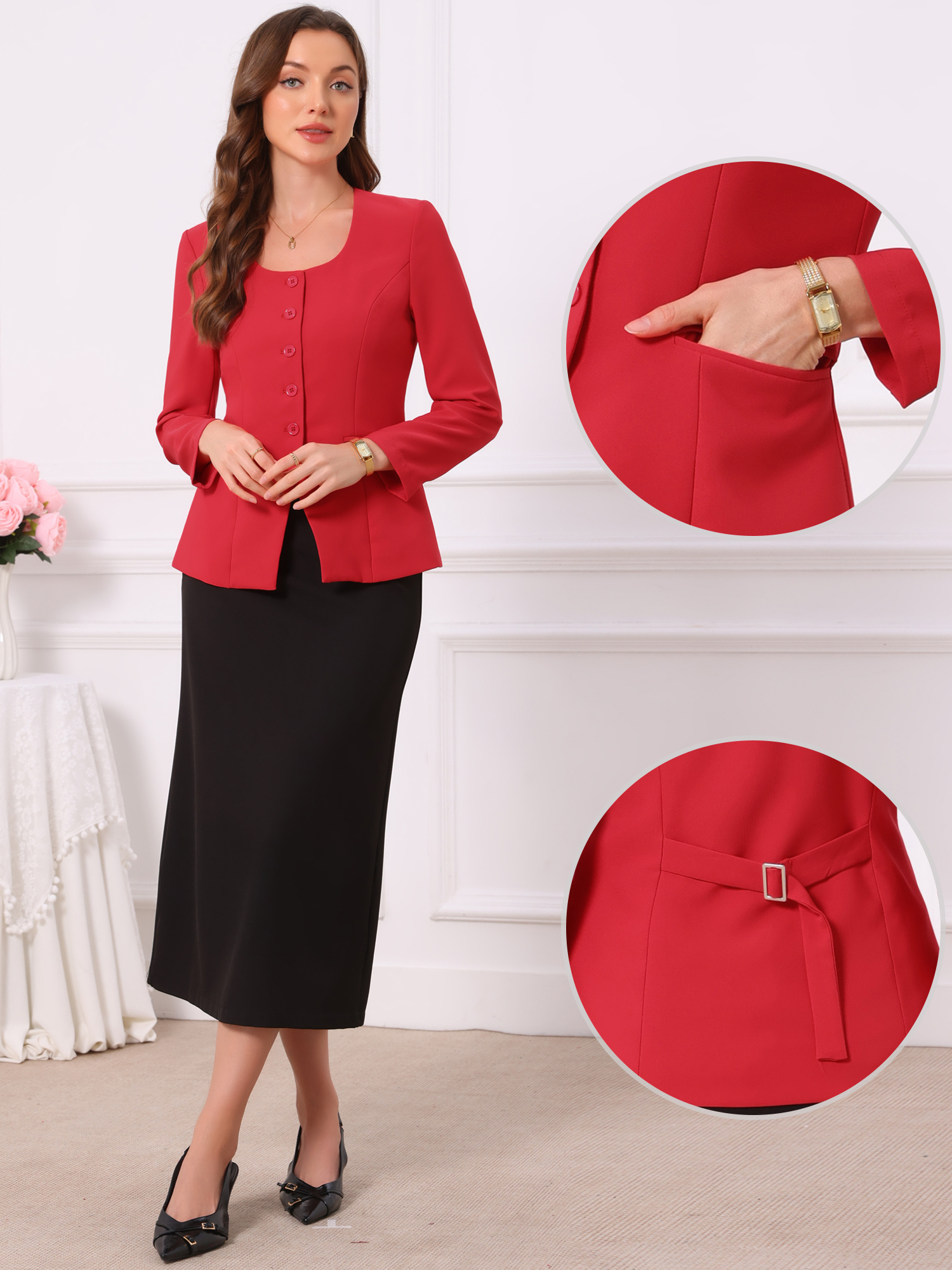 Button Down Scoop Neck Long Sleeve Jackets with Pockets Red/S