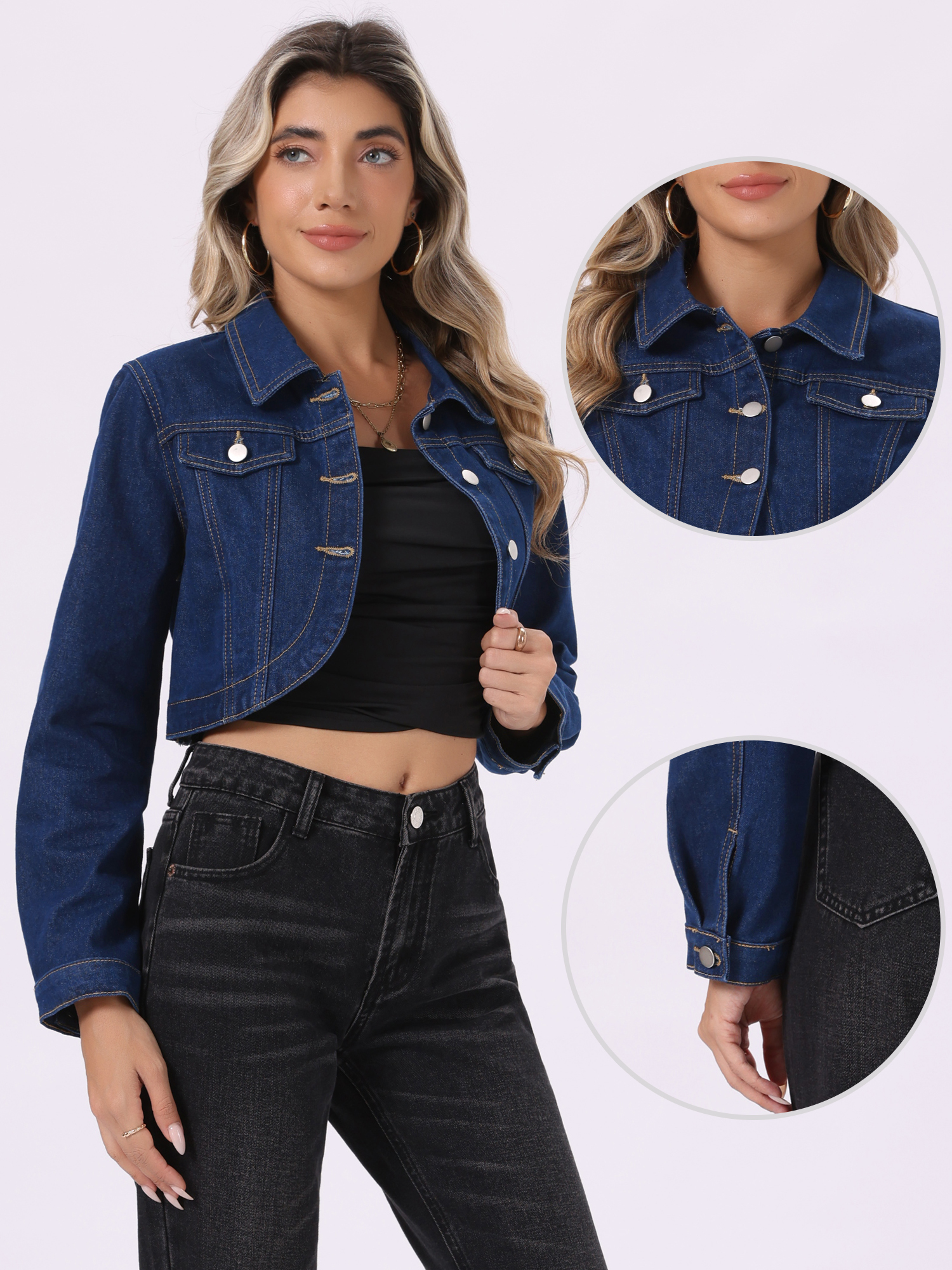 Collared Button Down Long Sleeve Denim Crop Jean Jacket Navy Blue/L