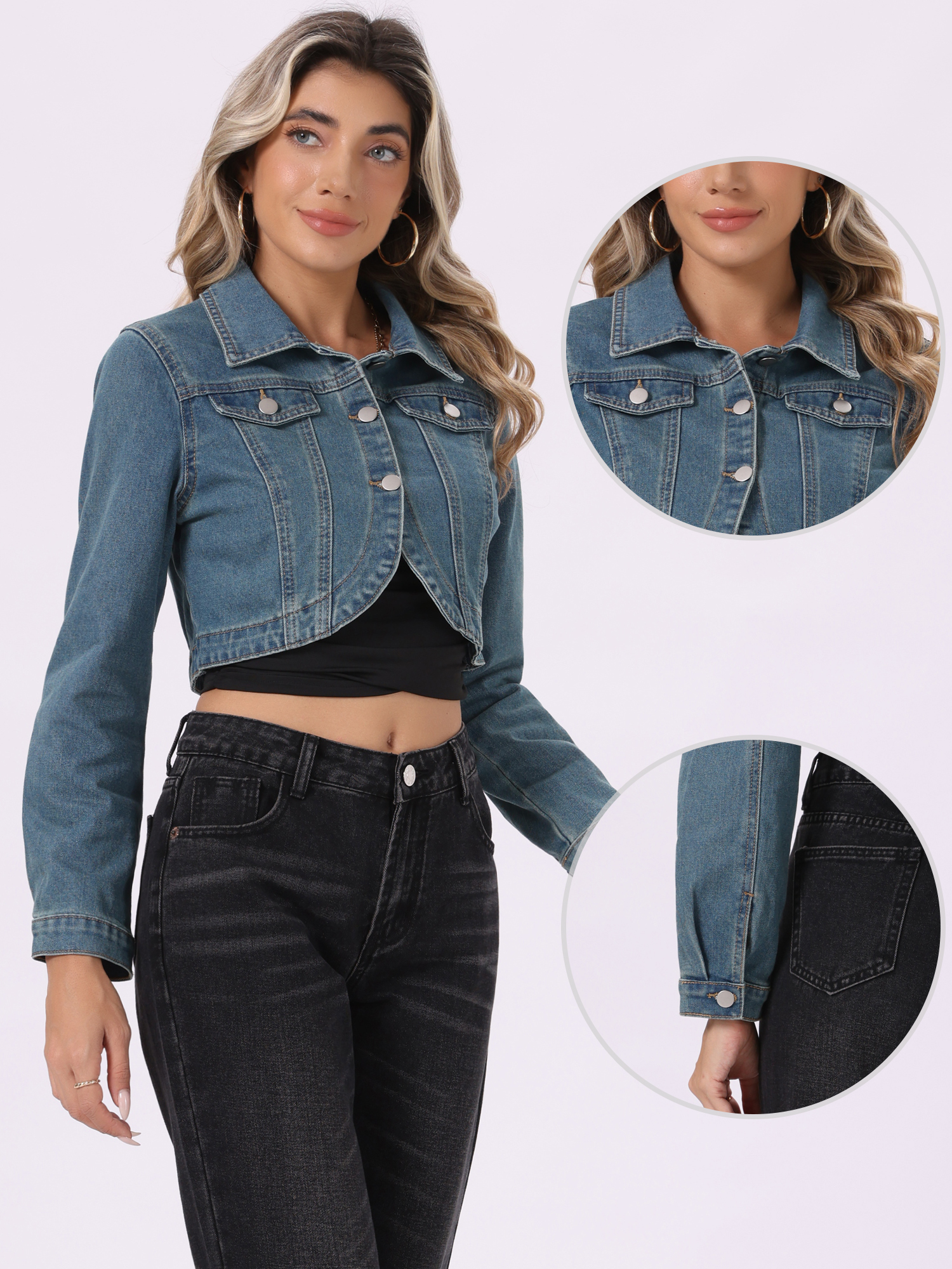 Collared Button Down Long Sleeve Denim Crop Jean Jacket Grey Blue/M