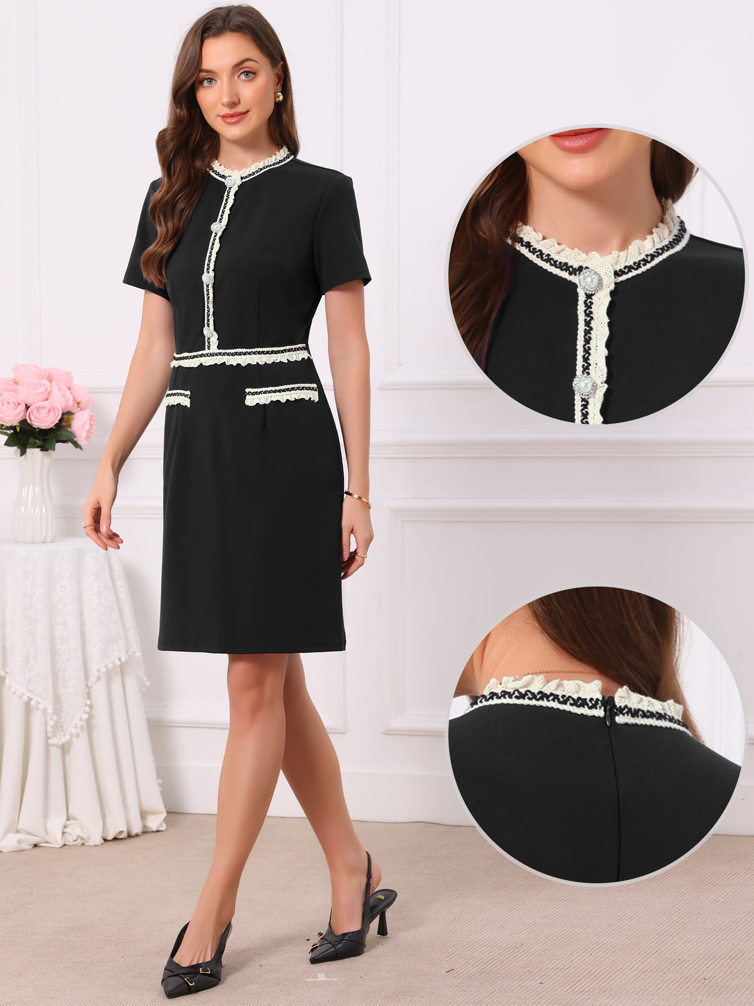 Short Sleeve Crew Neck Pearls Decro Knee Length Dress Black/M