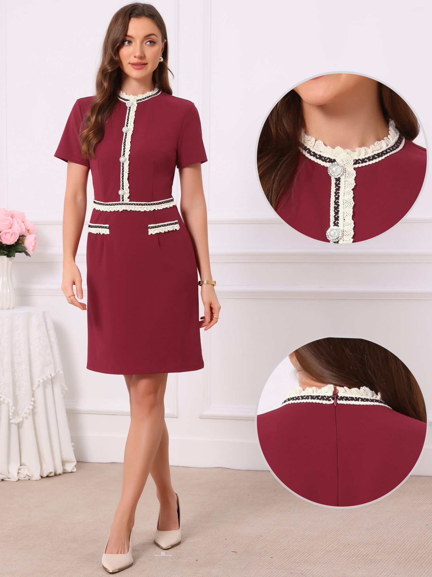 Short Sleeve Crew Neck Pearls Decro Knee Length Dress Wine Red/S