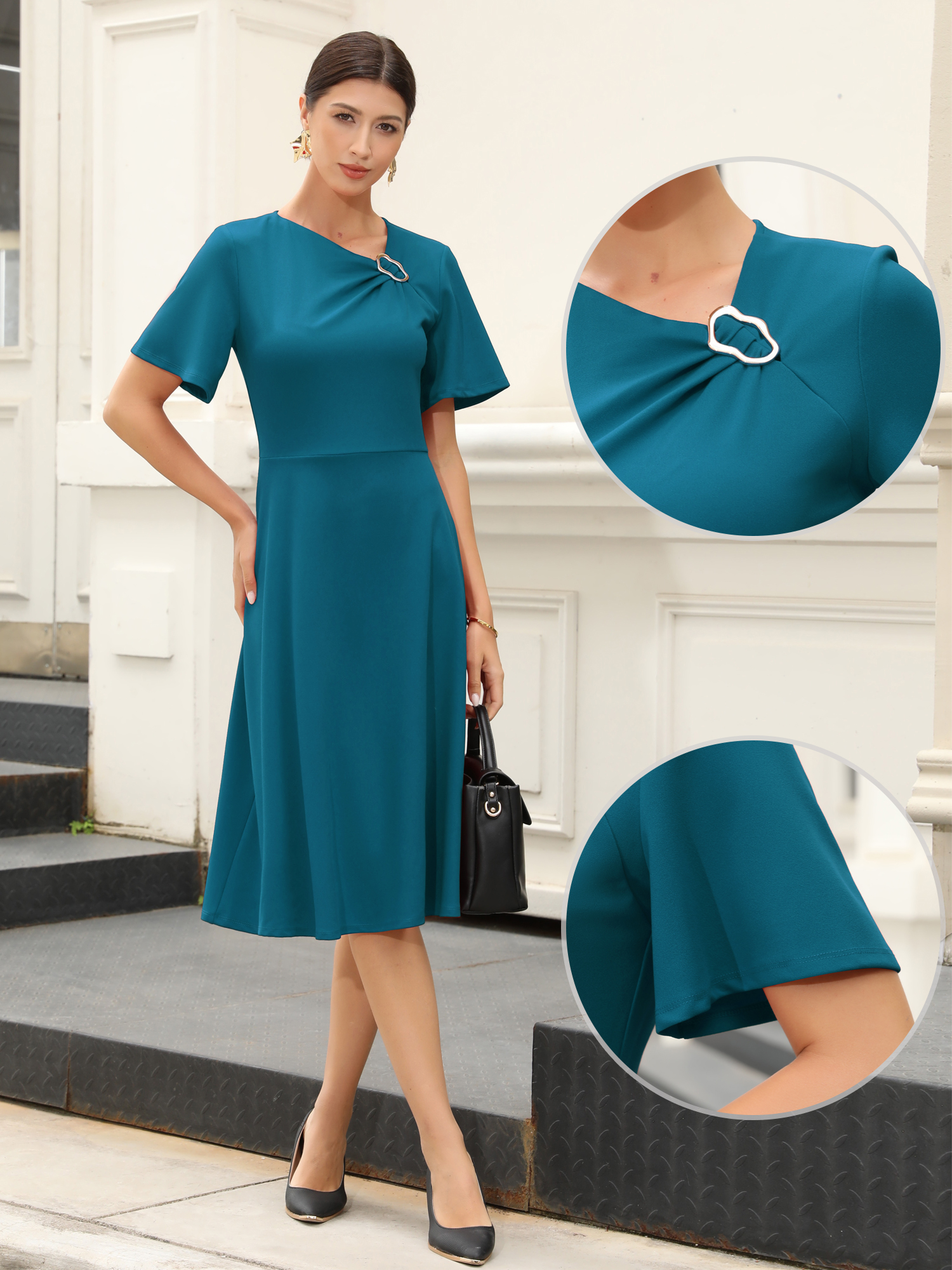 Work Short Sleeve A-Line Business Casual Midi Dress Peacock Blue/L