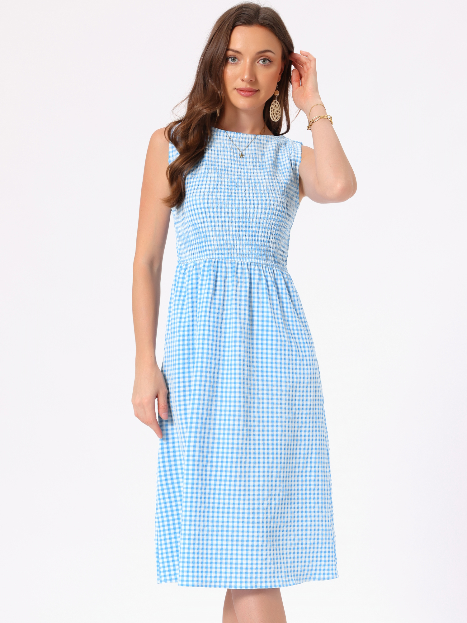 Gingham Smocked Sleeveless Crew Neck A-Line Dress with Pockets Blue White/XL