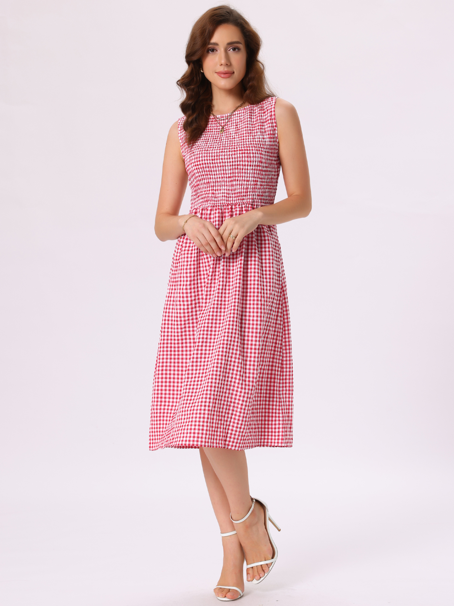 Gingham Smocked Sleeveless Crew Neck A-Line Dress with Pockets Red White/L