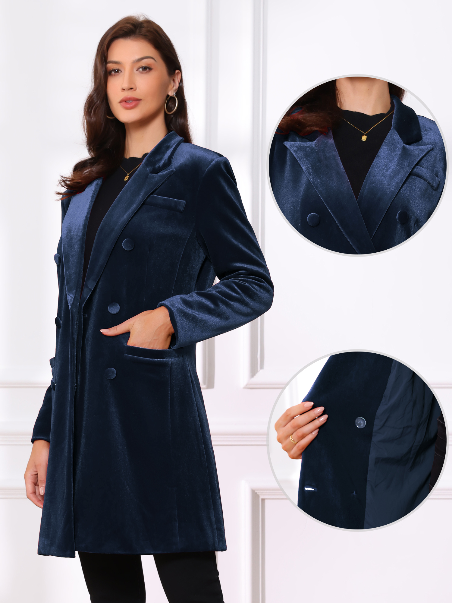 Velvet Notched Lapel Double-Breasted Long Outerwear Winter Coats Dark Blue/XS